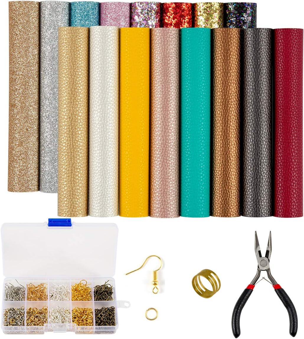 Homtable 19 Pieces Faux Leather Earrings Making Kit, Fabric Sheets, Litch and Glitter Faux Leather with Tools for Earrings Bows Jewelry Crafts Making