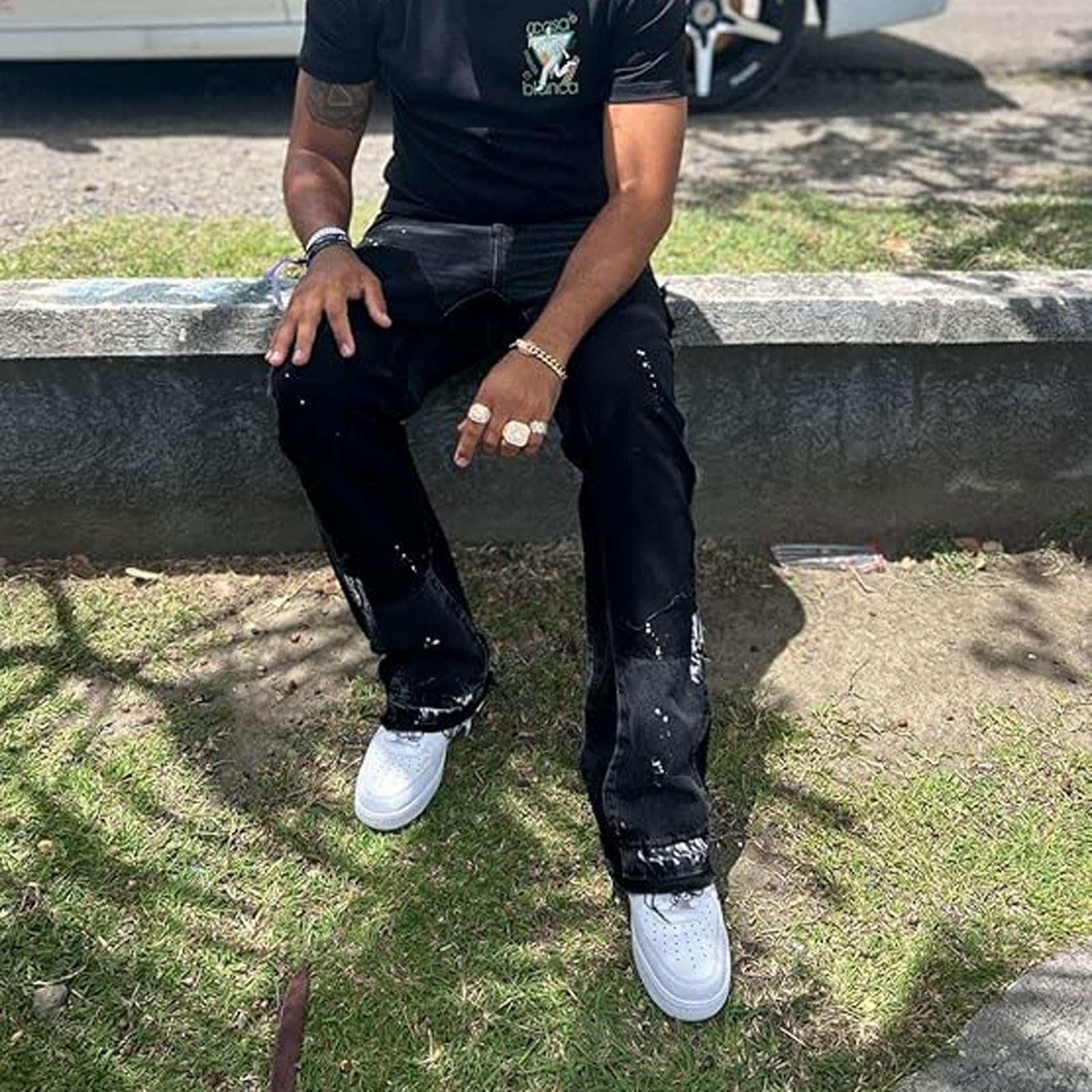 Flared Jeans Uomo, Pantaloni in Denim Streetwear Y2K con Disegno a Spruzzo d'inchiostro, Patchwork e Tasche, Pantaloni per Il Tempo Libero Bootcut Baggy in Stile Cowboy Hip Hop(Grey,M)