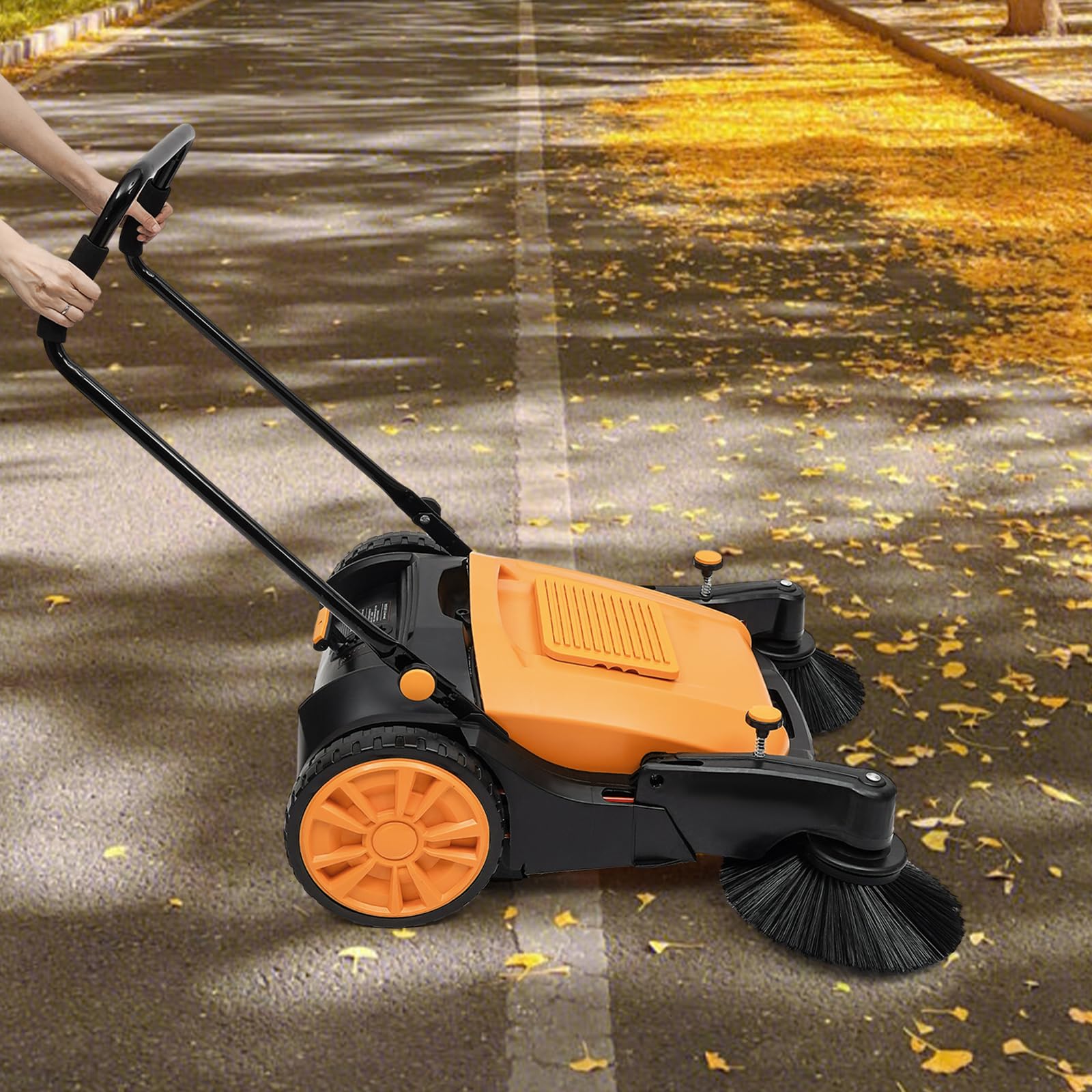Spazzatrice manuale 105 cm, 3680 m²/h, ecologica e silenziosa, contenitore per polvere da 55 l, manico regolabile, per cortile, officina, strada e magazzino