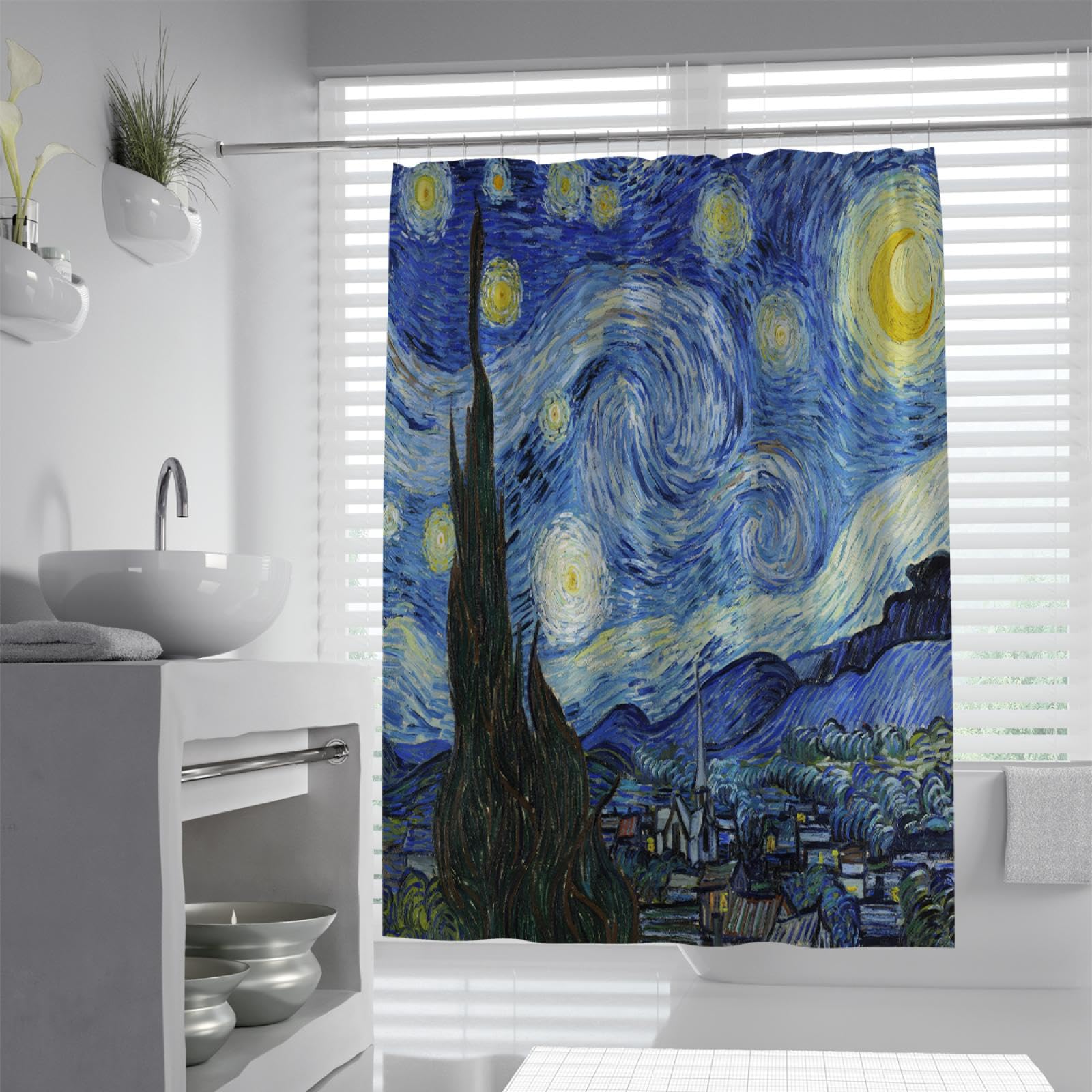 Rideau de Douche de Ferme la Nuit étoilée célèbre Peinture Impression Baignoire Doublure de Rideau de Douche pour décoration de Salle de Bain Romantique étanche W200xL200(cm)