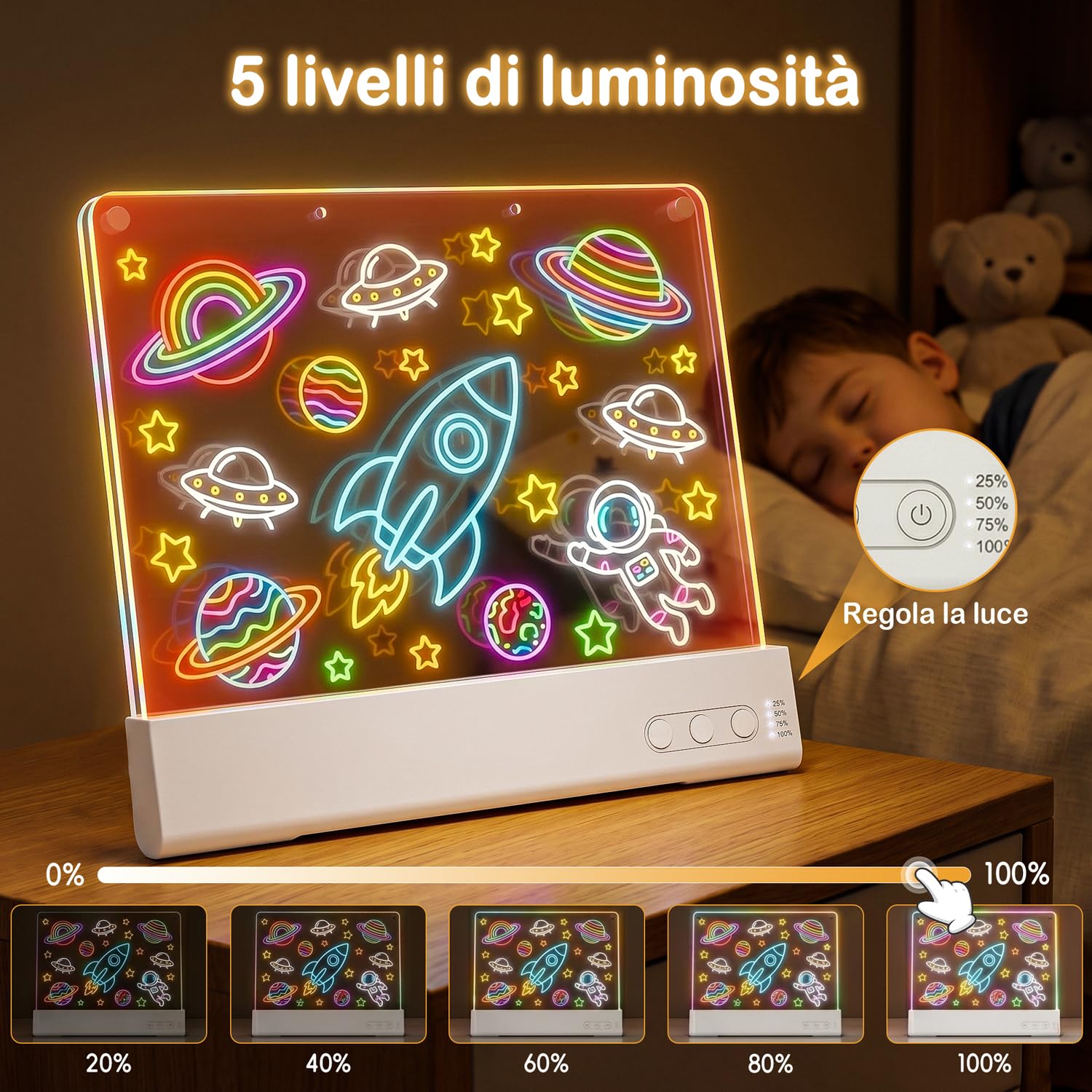 CIMELR Lavagna LED Doppio Strato Ricaricabile, Regalo per Bambini 5-10 Anni | Acrilico 16" ultraresistente, rimovibile e lavabile, 15 modalità luce, 8 pennarelli – perfetto per viaggi e famiglia