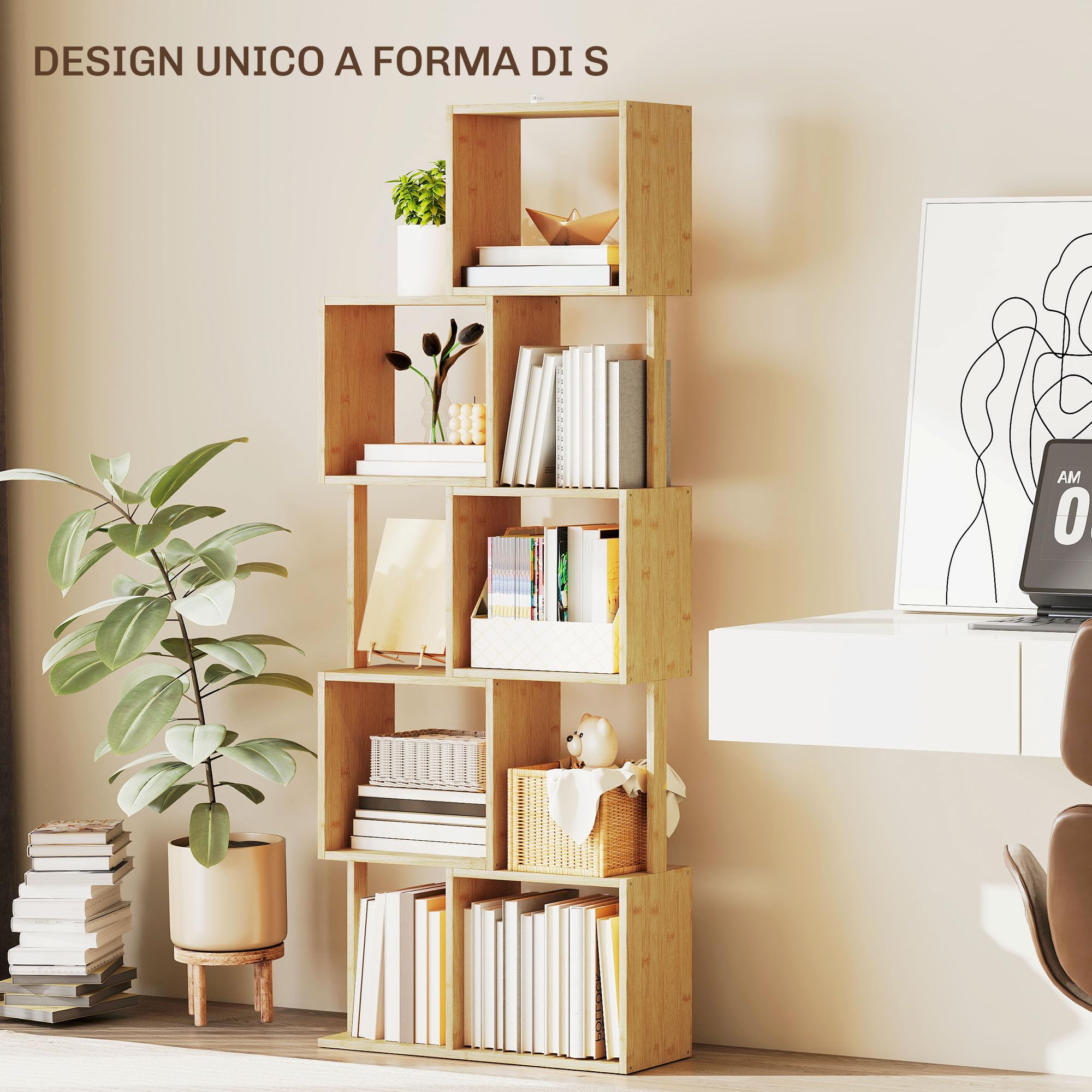 HOMCOM Libreria Scaffale a 5 Ripiani Suddivisi in Bambù a Forma di S, Libreria Verticale Salvaspazio Slim, Scaffale Portaoggetti per Soggiorno, Camera da Letto e Ufficio, 62.5x23x165 cm, Color Legno