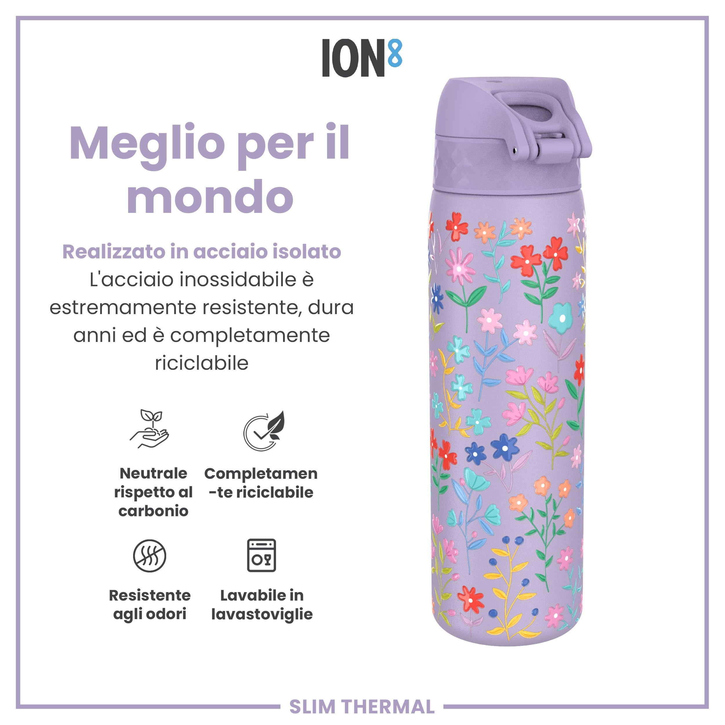 Ion8 Borraccia Termica in Acciaio Isolato, 500ml, a Prova di Perdite, Facile da Aprire, Serratura Sicura, Lavabile in Lavastoviglie, Maniglia per il Trasporto, Facile Pulizia,Floreale Delicato