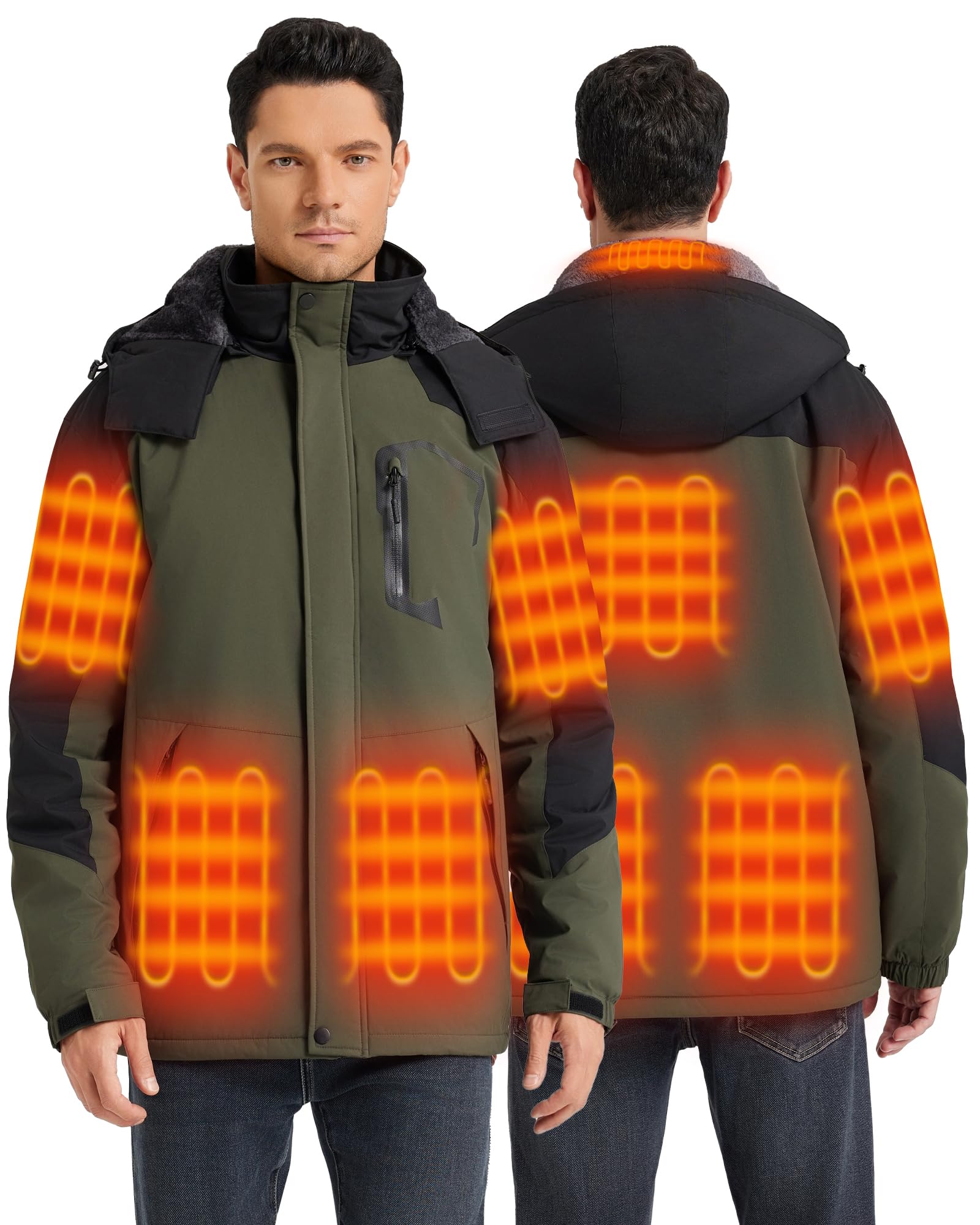Chaqueta calefactable para hombre con batería externa de 18400 mAh 12 V, chaqueta térmica para hombre, forro cálido, chaqueta con capucha extraíble, resistente al viento, resistente al agua, para