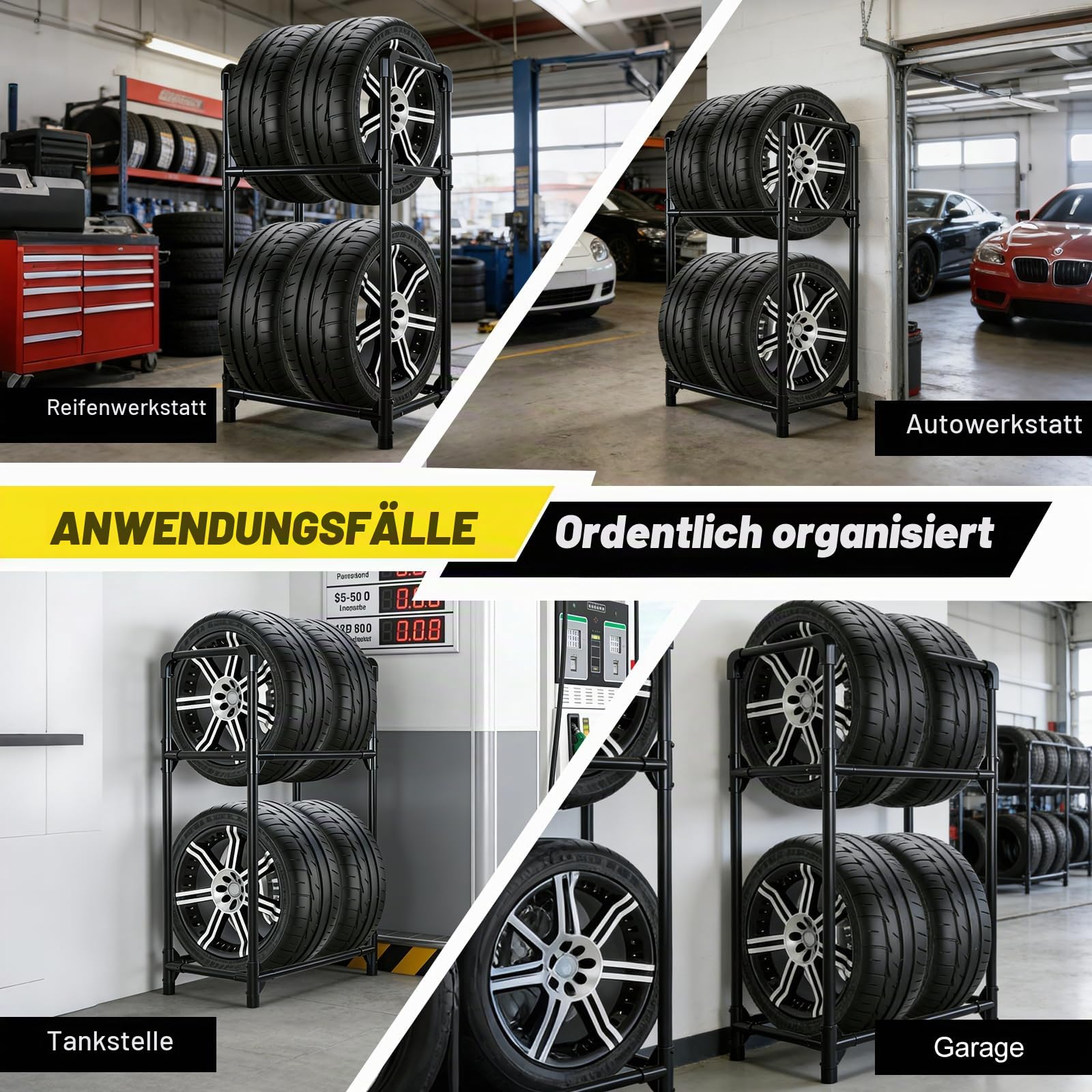 EXLECO Reifenständer 4 Reifen 57x37x114cm Schwarz | Felgenbaum für Autoreifen, Werkstattregal, Garagen-Reifenhalter, Tragkraft 200kg, Stahl beschichtet