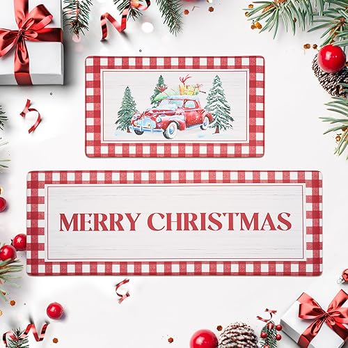 Miniatura 1 de FRESHMINT Juego de 2 alfombrillas de cocina navideñas para piso, antifatiga, impermeables y antideslizantes, acolchadas, lavables, cómodas, para