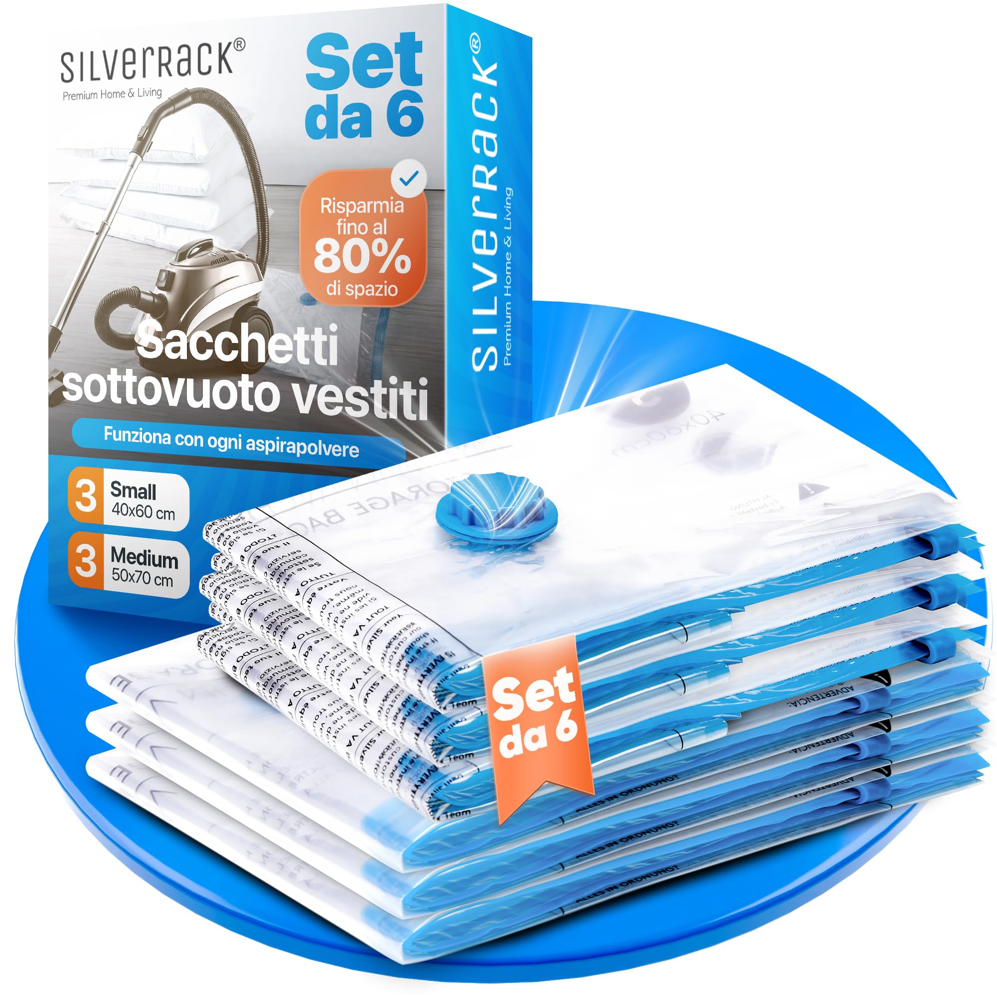 SilverRack Set di Sacchetti Sottovuoto [6 Pezzi] in 2 Misure (3x 40x60 cm / 3x 50x70 cm) - Senza BPA - Per Abbigliamento e Piumini
