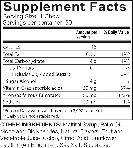 Miniatura 6 de Celebrate Vitamins Hierro bariátrico con vitamina C  60 mg de hierro suave masticable, sabor cítrico torcido, 30 unidades  Vitaminas bariátricas