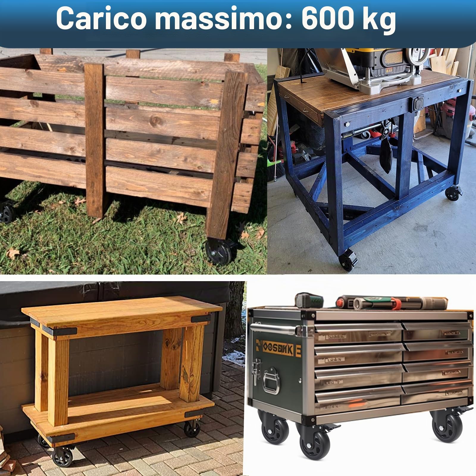 100MM Ruote per Mobili Pesanti, Set di 4 Ruote per Carrello con Freno Capacità 600kg, Cuscinetti Doppi Rotelle Girevoli Rotazione a 360°, Rotelle Pesanti per Tavolini, Tavolo