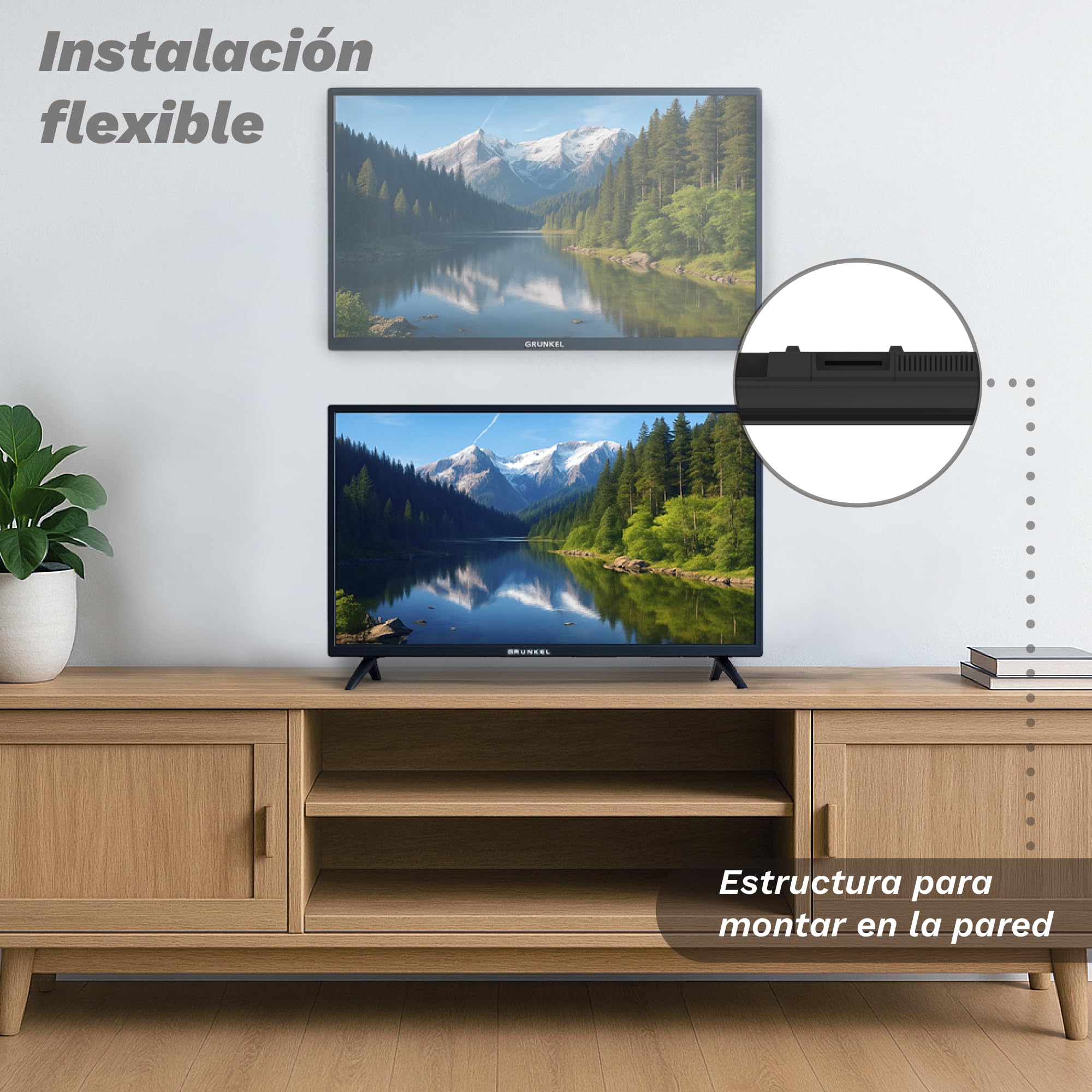 Grunkel - Televisor LED de 24 Pulgadas HD con Adaptador a 12V para Camper y Caravanas - LED-24 IV2 - Ready Alta definición con TDT Alta definición T2 - Modo Hotel con 3 HDMI y 2 USB - Negro