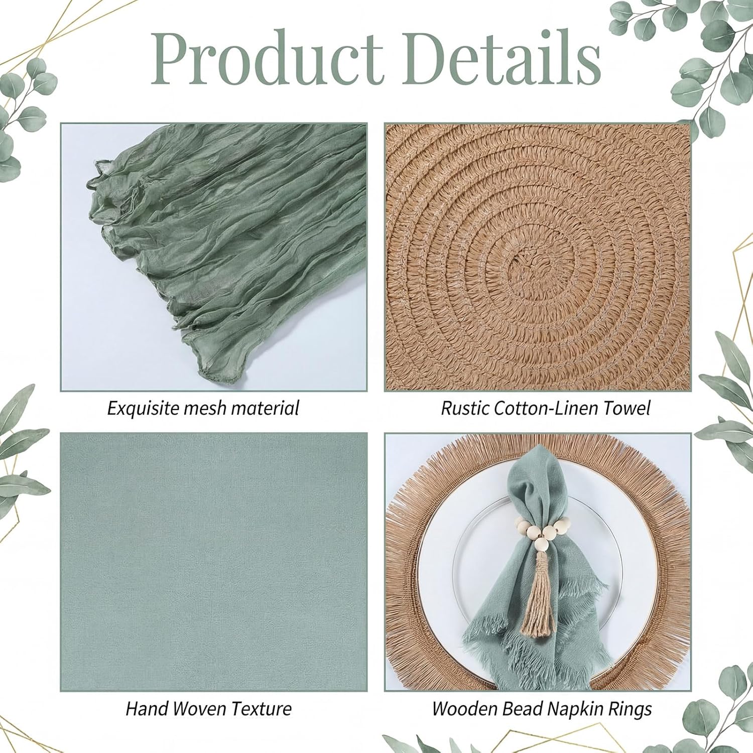 Frienda Set of 6 Boho Table Placemats Round Woven Place Mats Matching Linen Textured Napkins Wood Bead Napkin Rings and 1 Pcs Sage Green Table Runner for Home Farmhouse Kitchen Dining Natural Decor