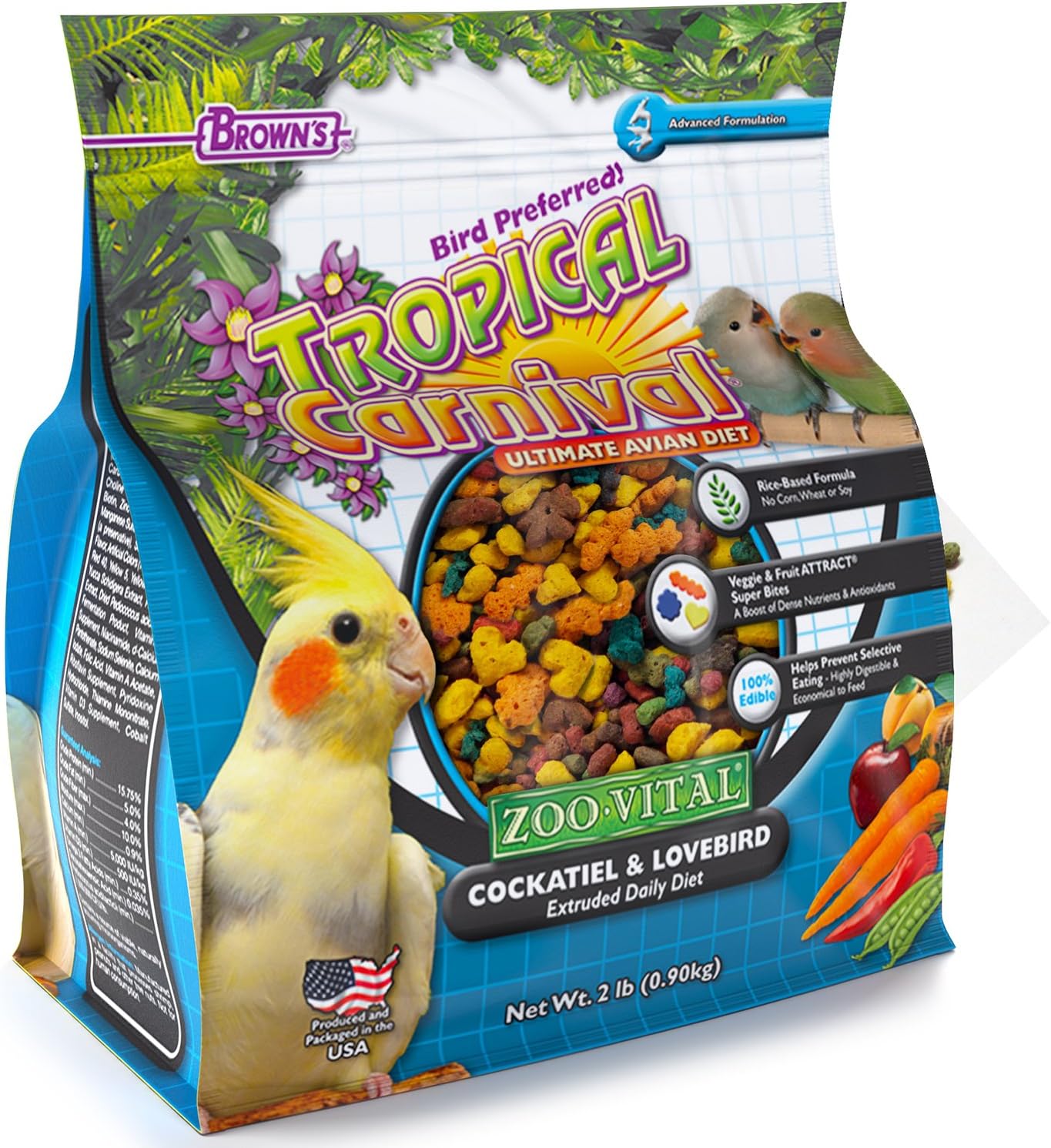F.M. Brown's Tropical Carnival Zoo-Vital Cockatiel & Lovebird Pellet Daily Diet with Probiotics for Healthy Digestion, 2-lb Bag -…