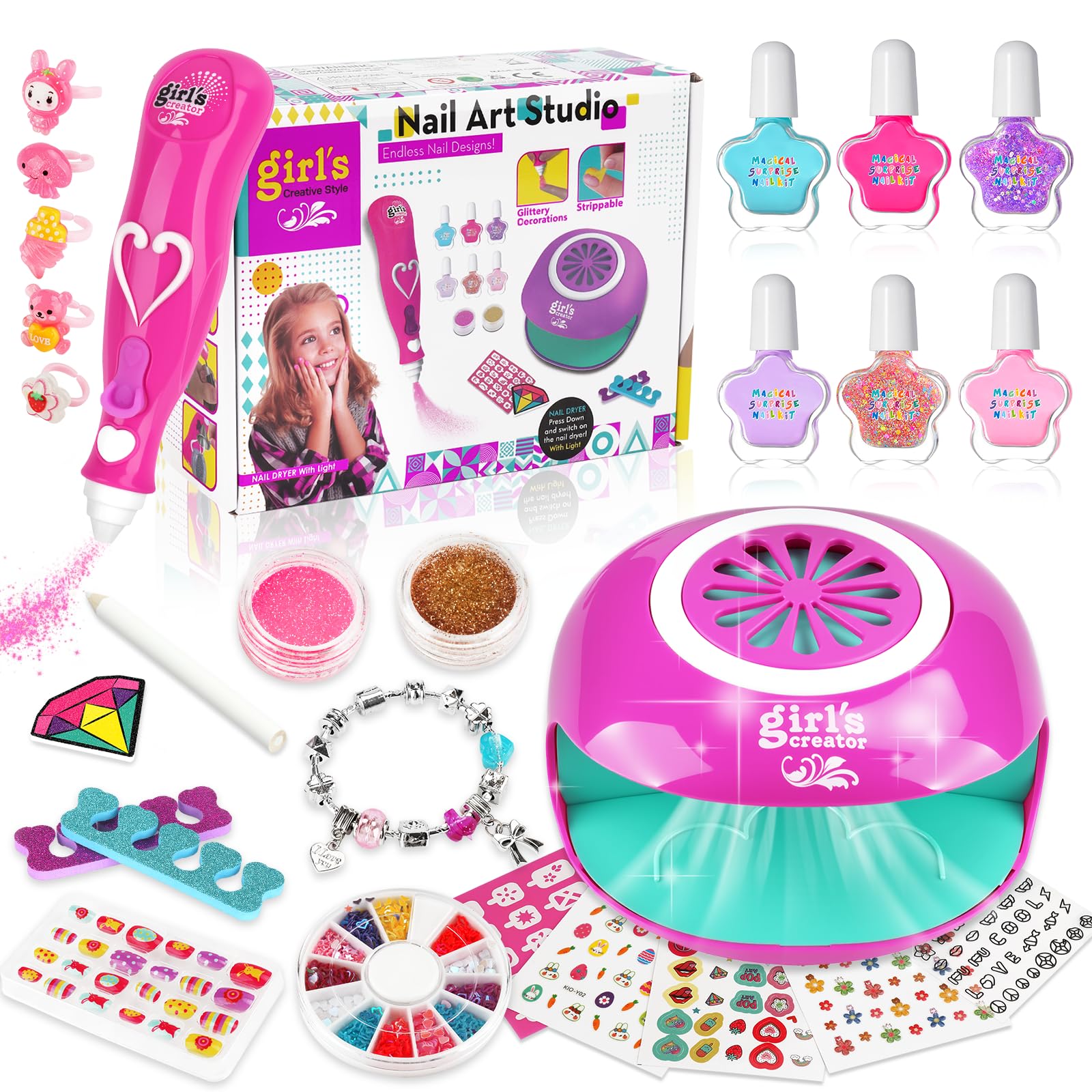 Nail Salon for Kids, Kids Nail Art Set,Manicure Set for Kids, Nail Salon, Nail Polish Sets for Kids, Gift Set for Girls, Kids Makeup Set with Nail Dryer for Birthday, Christmas
