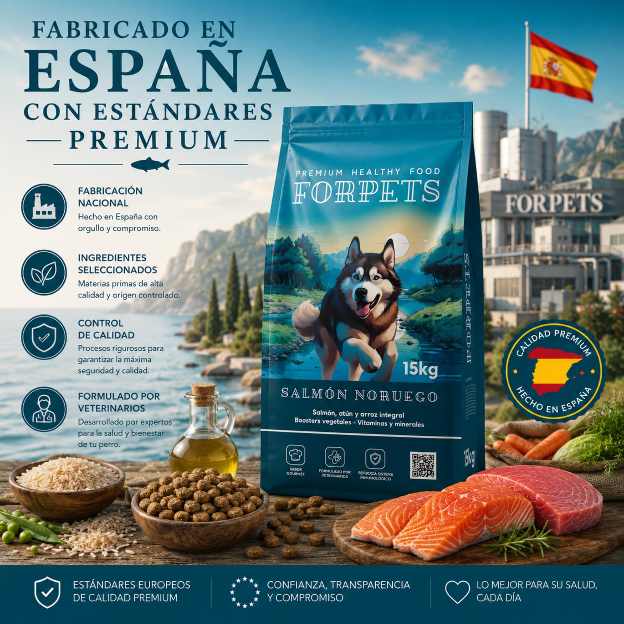 FORPETS Pack Pienso Salmón Noruego 15kg + 9 Latas Cordero y Ternera en Salsa, Comida Natural para Perros Adultos, Sin Trigo ni Maíz, Hipoalergénico, Omega 3 y 6