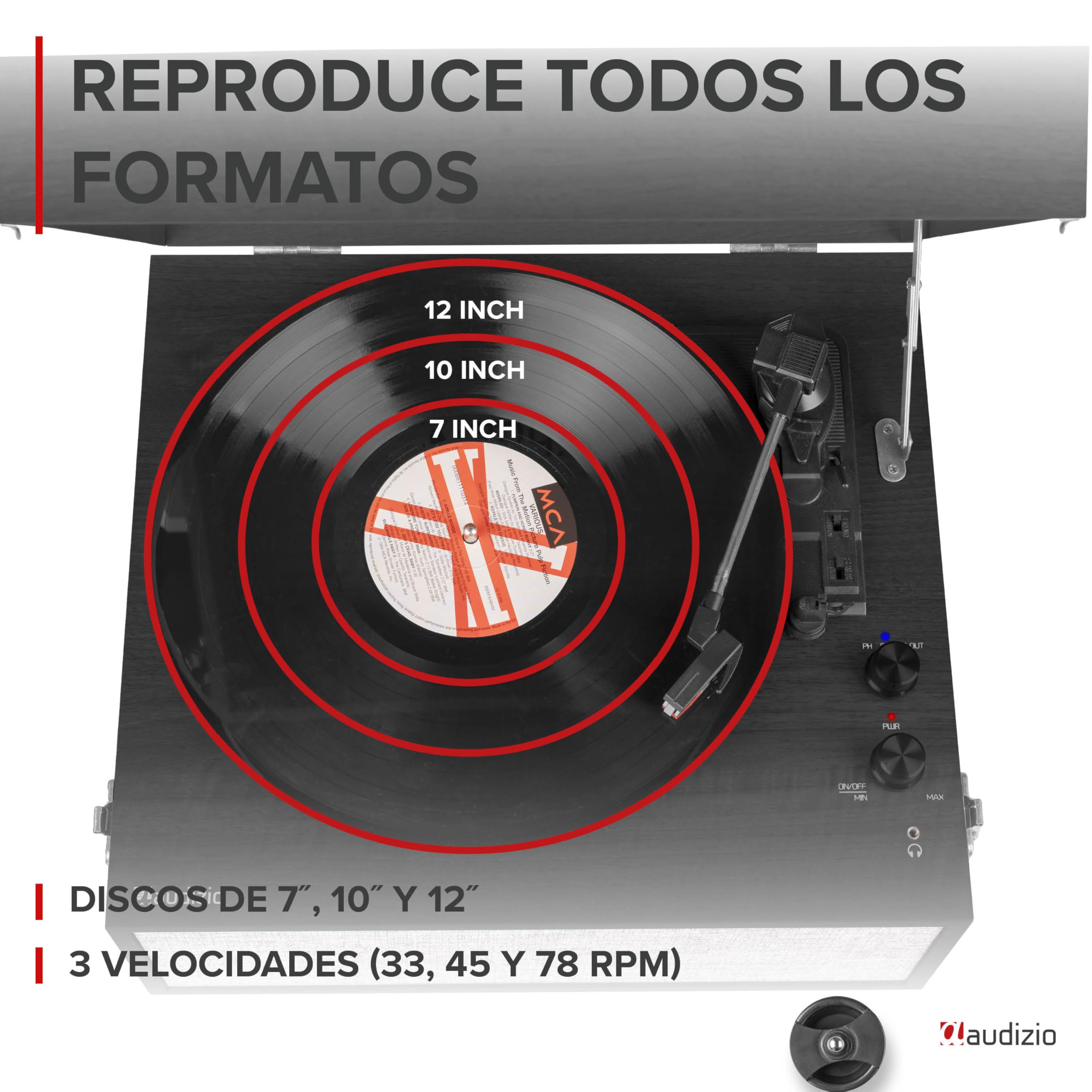 Audizio Fremont - Tocadiscos Retro con Patas de Madera, Bluetooth bidireccional, USB para digitalizar vinilos, Altavoces estéreo, RCA, 3 velocidades, Entrada AUX y Salida de Auriculares Color Negro
