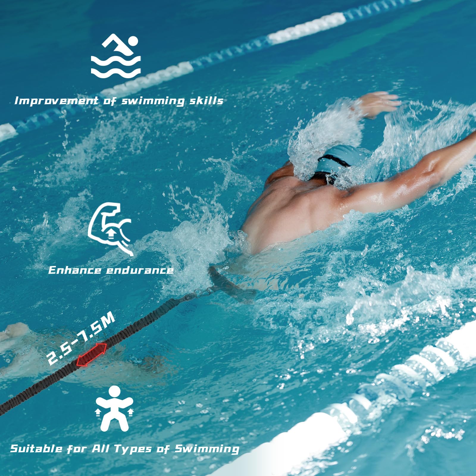 Zocipro Cintura da Nuoto per Piscina, Cintura di Resistenza Regolabile 2.5-7.5M, Cintura per Allenamento Nuoto per Tutti i Nuotatori, Accessorio di Nuoto per Tutte le Piscine