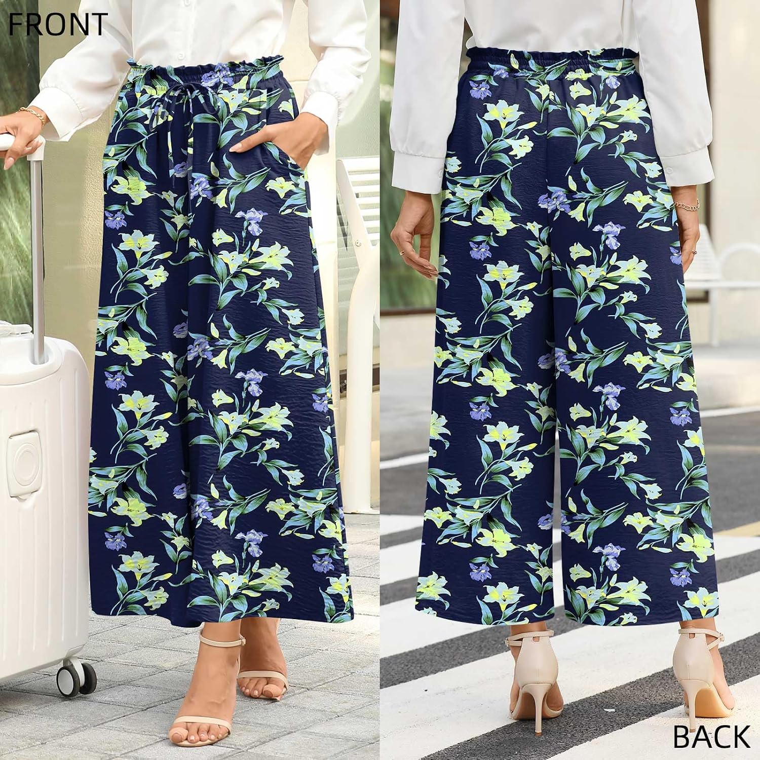 Bestbee Women's Wide Leg Palazzo Pants Dressy Casual Gaucho Pants Elastic Waist with Pockets thumbnail