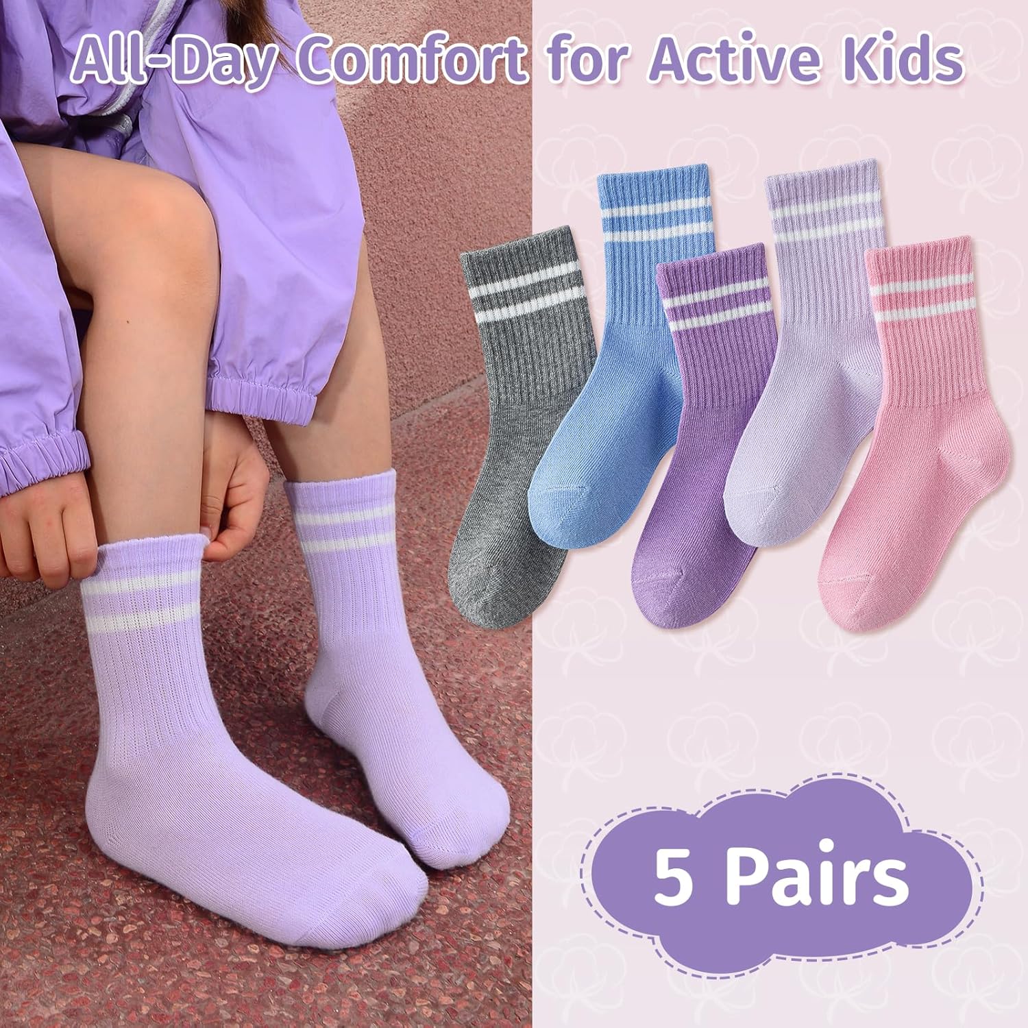Girls Socks Kids Cotton Socks Pink Crew Athletic Socks with Hearts & Stripes 5 Pairs - Image 4