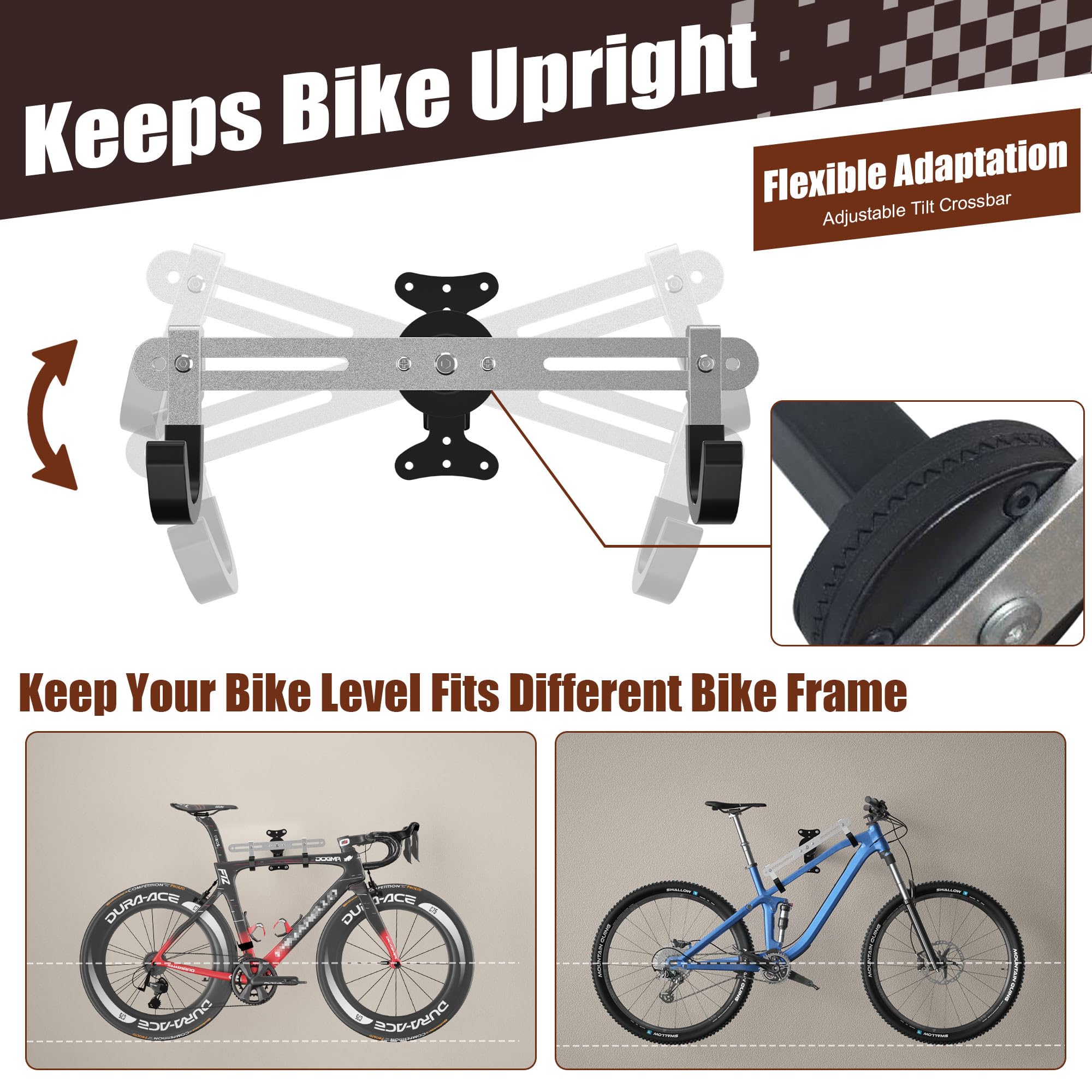 Bike Wall Mount Hanger for Garage, Heavy-Duty Durable Aluminum Alloy Horizontal Bicycle Storage Rack with Adjustable Hook, Hold up to 66lbs, for Road Mountain Hybrid Bikes in Garage