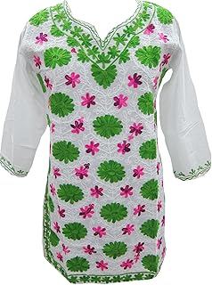 Mogul Interior Womens Tunic Dress White Floral Embroidered Cotton Kurti S/M