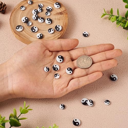 Miniatura 7 de Pandahall 30 cuentas de yin yang de concha natural blanca y negra de 0.315-0.453 in, planas, redondas, Tai Chi, conchas marinas, cuentas
