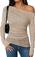 ZESICA Women's Y2K Off Shoulder Long Sleeve Top Lace Hem Boat Neck Slim Fit Blouse Fall Casual Going Out Shirt