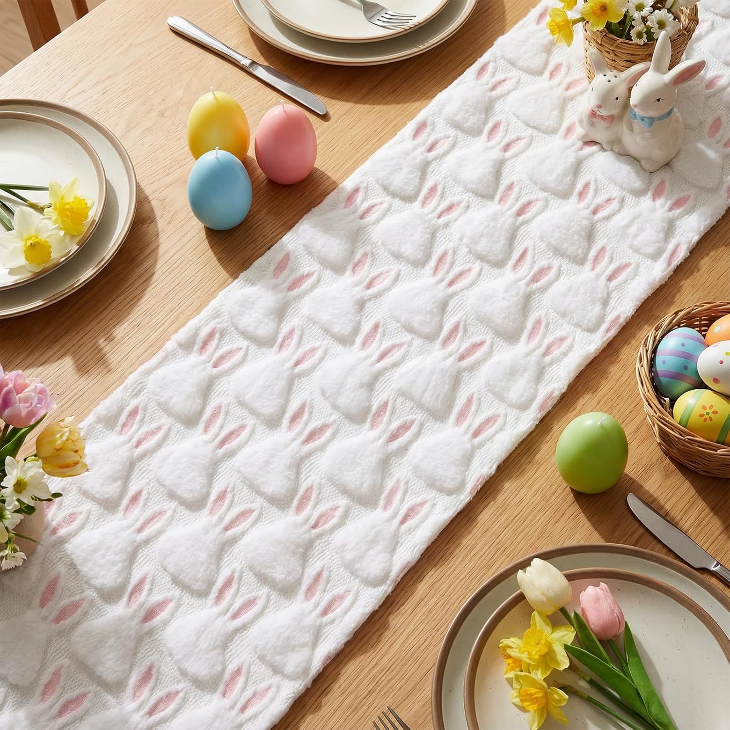 Frienda Easter Table Runner Bunny Soft Plush Faux Fur Jacquard Rabbit Table Runner Cute Spring Kitchen Dining Decoration for Party Holiday Home Farmhouse Decor 13 x 72 Inch