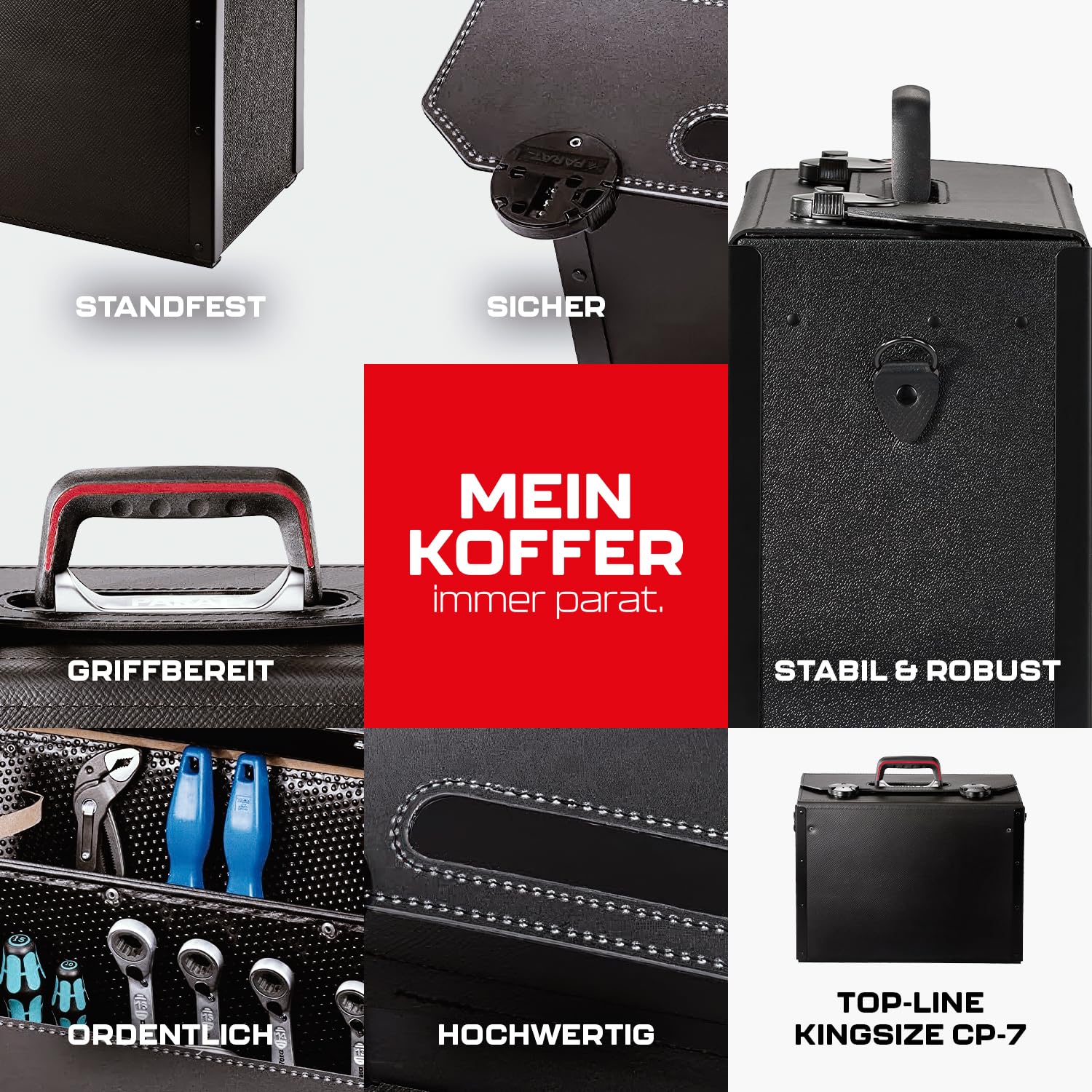 PARAT TOP-LINE KingSize CP-7 leere Werkzeugtasche 30 L | Große Ledertasche mit 4 CP-7 Haltern für bis zu 73 Werkzeuge | Profi Werkzeugtasche aus Leder & Con-Pearl® | Viel Stauraum