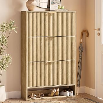 Evermagin 31.5W Oak Shoe Cabinet Storage for Entryway, Fluted Slim Shoe Dresser with 3 Flip Drawers, Narrow Shoe Rack Cabinet, Hidden Shoe Organizer Cabinet for Entrance, Hallway