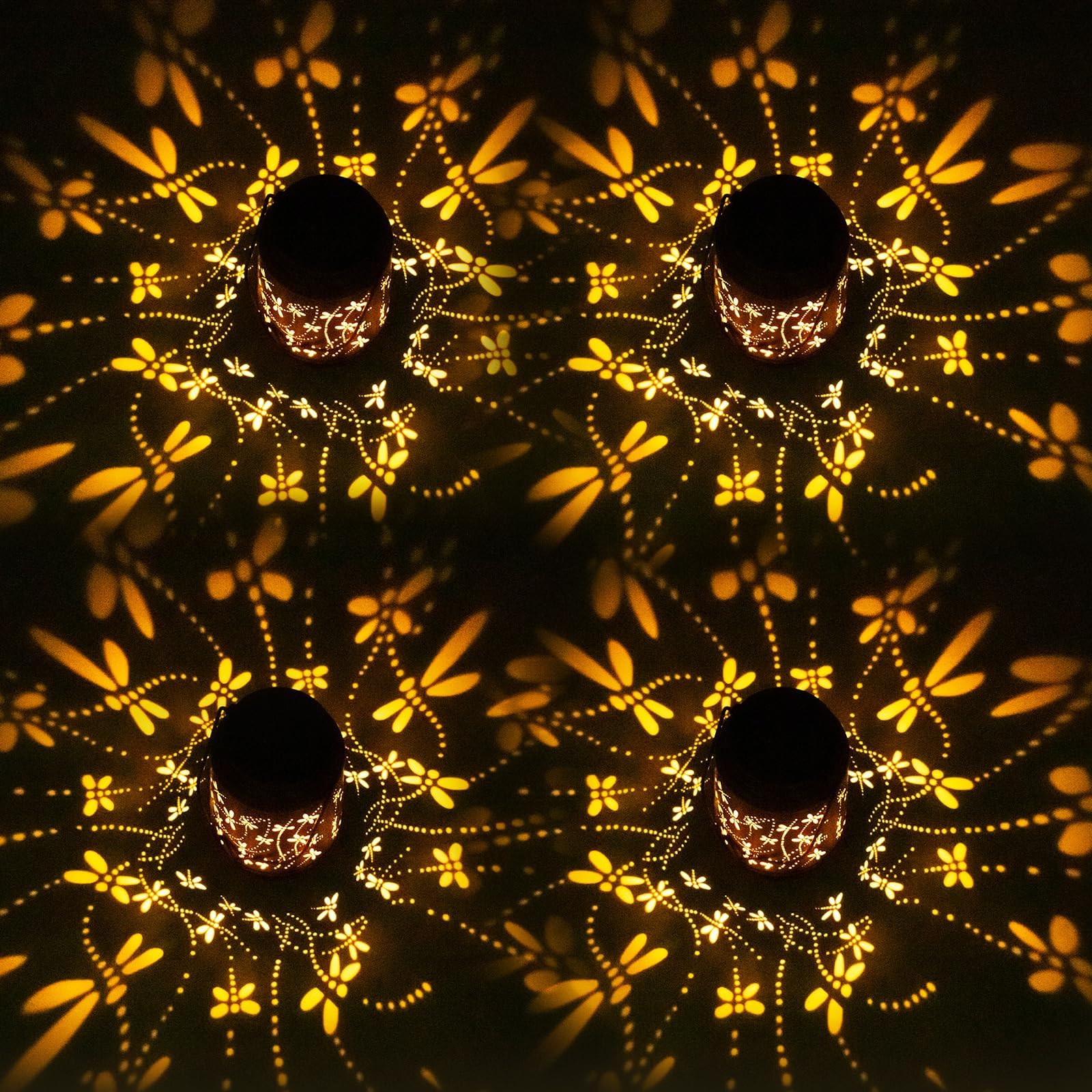 4 Packs Solar Lanterns Outdoor Hanging Lantern Lights, 4 dragonfly Hollowed-Out Metal Decor Lantern, Waterproof LED Decorative Garden Light gifts