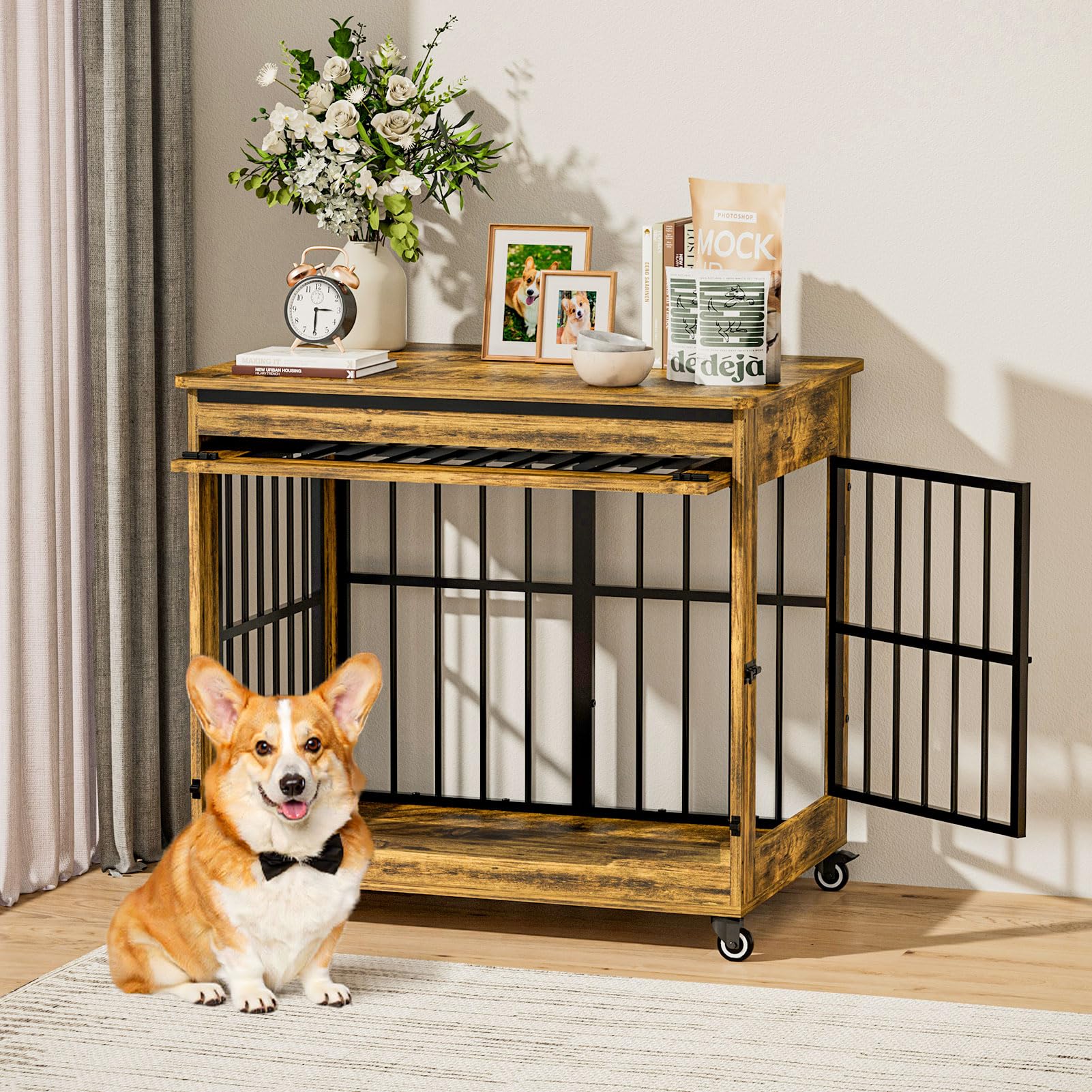 32" Dog Crate Furniture, Double Door Wooden Indoor Dog Kennel Furniture, Decorative Pet Cage End Table with Wheels for Medium and Small Breed Dogs, Size M, Rustic Brown