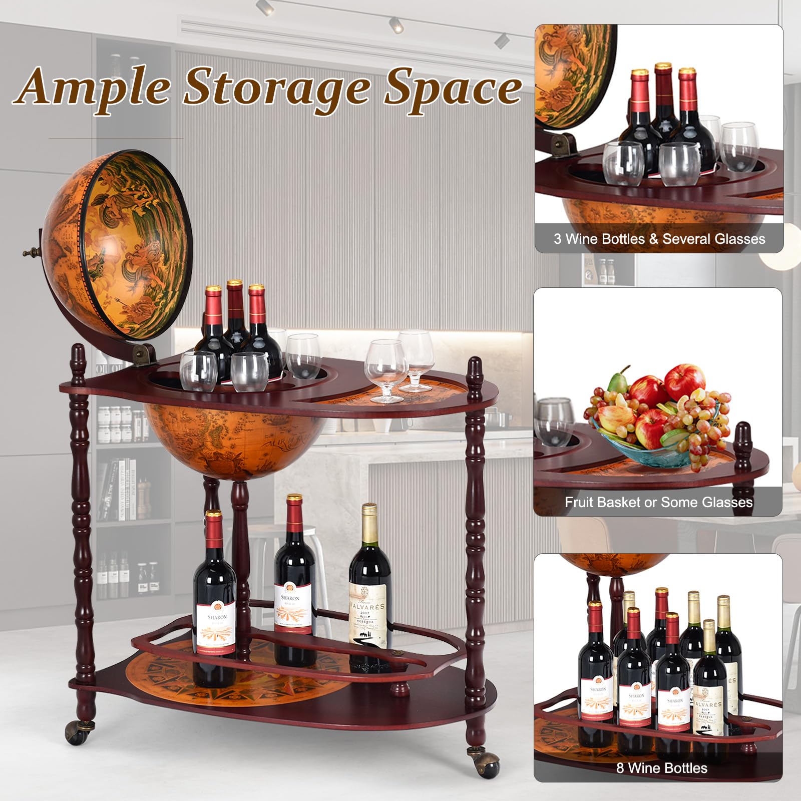 KOMFOTTEU Porte-bouteilles Bar Globe avec roues, porte-bouteilles à 2 niveaux, chariot de bar en bois, meuble minibar pour boissons, pour restaurant, fête (marron, 70 x 45 x 88 cm)