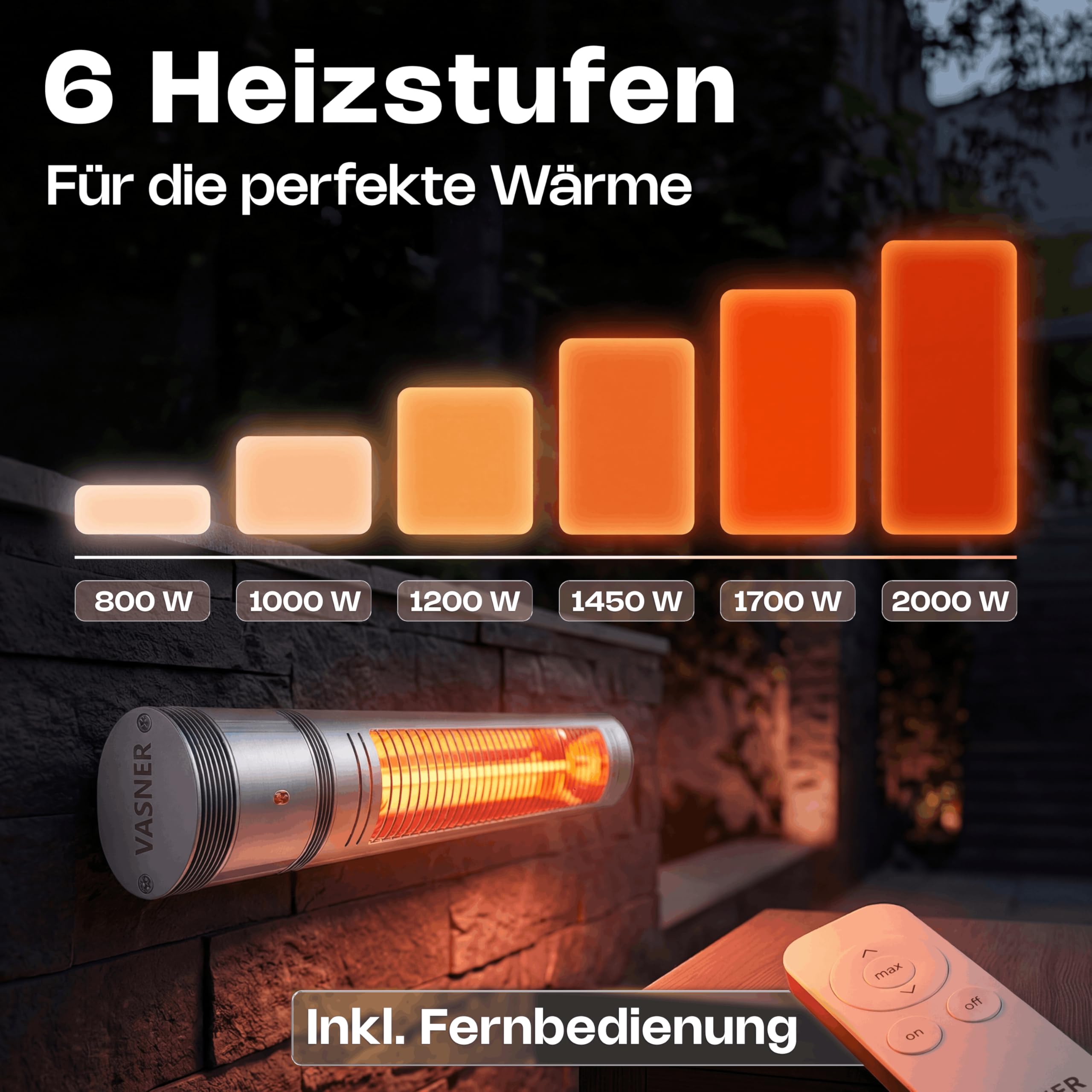 VASNER SlimLine X20 Infrarot Heizstrahler Outdoor – Terrassenstrahler 2000W elektrisch – Decken Heizstrahler Terrasse Wandmontage – Infrarotstrahler Wintergarten hängend mit Fernbedienung (Silber)