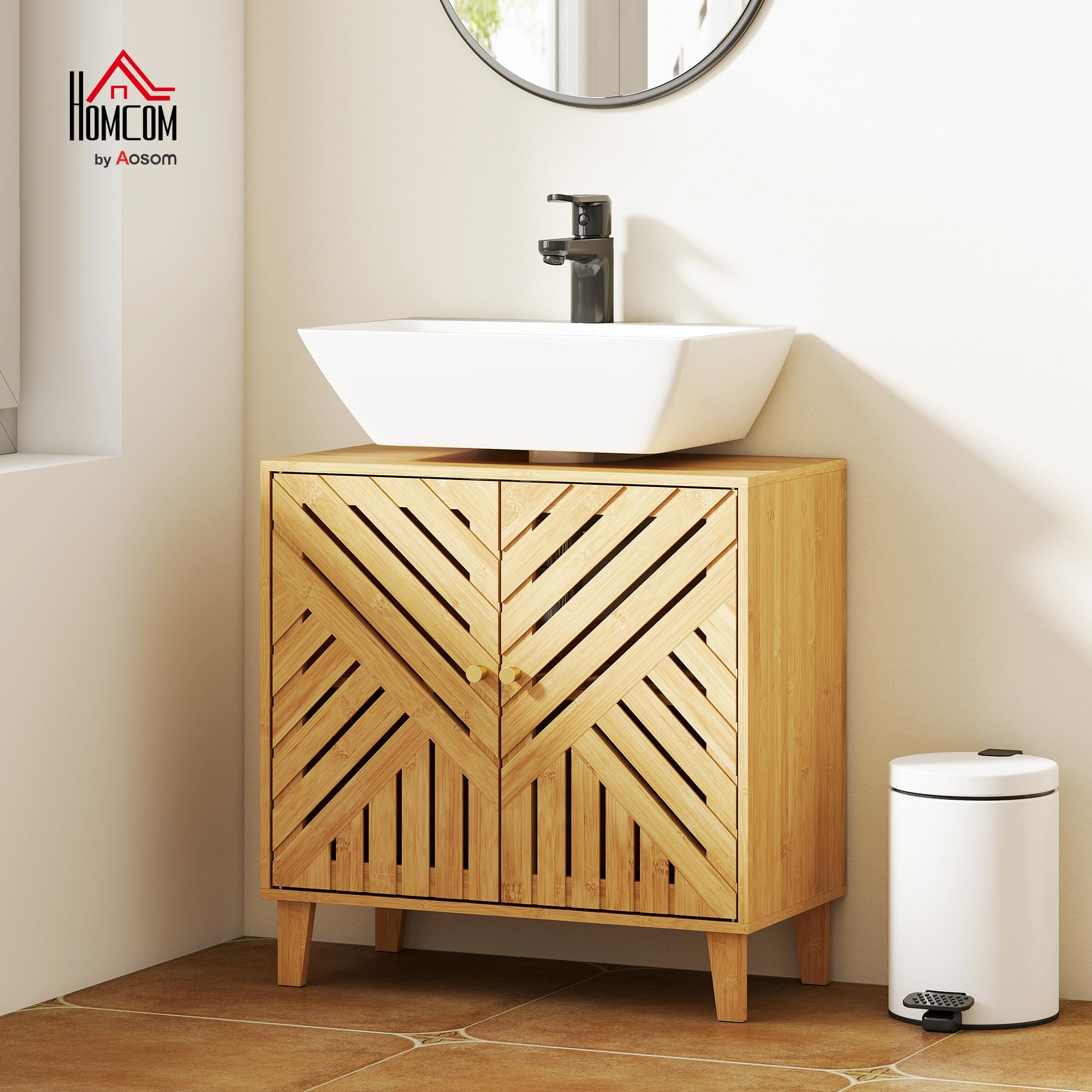 HOMCOM Meuble sous Lavabo Salle de Bain 60 x 30 x 60 cm Naturel | Étagère Réglable, Portes à Lattes, Bambou, Anti-Humidité
