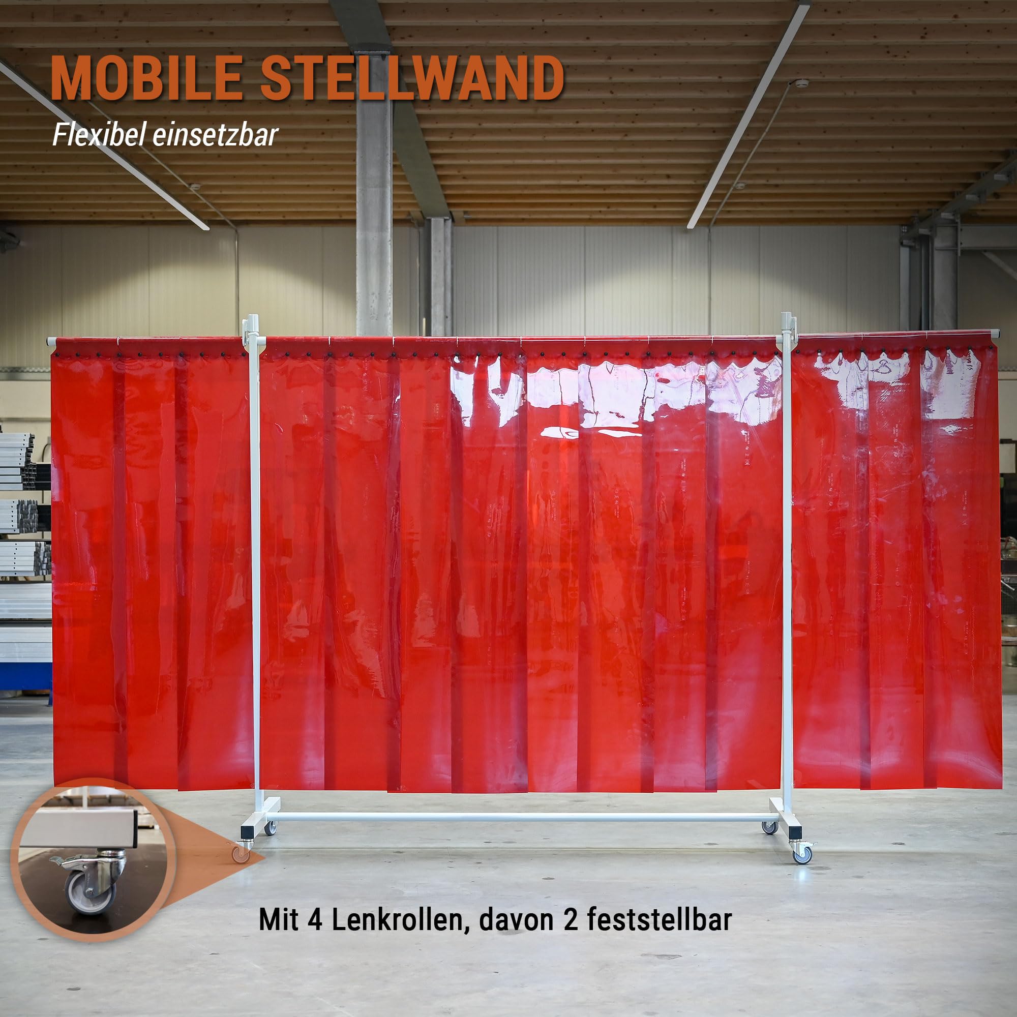 mobile & fahrbare Schweißschutz Stellwand, 3-teilig, B370 x H210cm, extra robust, mit Lamellen rot, Schutzwand nach EN ISO 25980