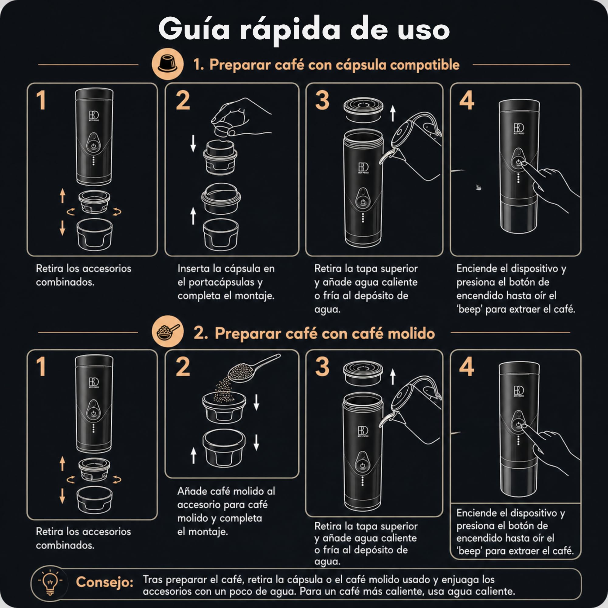 Cafetera Portátil para Cápsulas Pequeñas y Café Molido, Espresso 20 Bares | Calienta el agua y prepara hasta 5 espressos por carga. USB-C recargable, con estuche ideal para coche, viajes y oficina