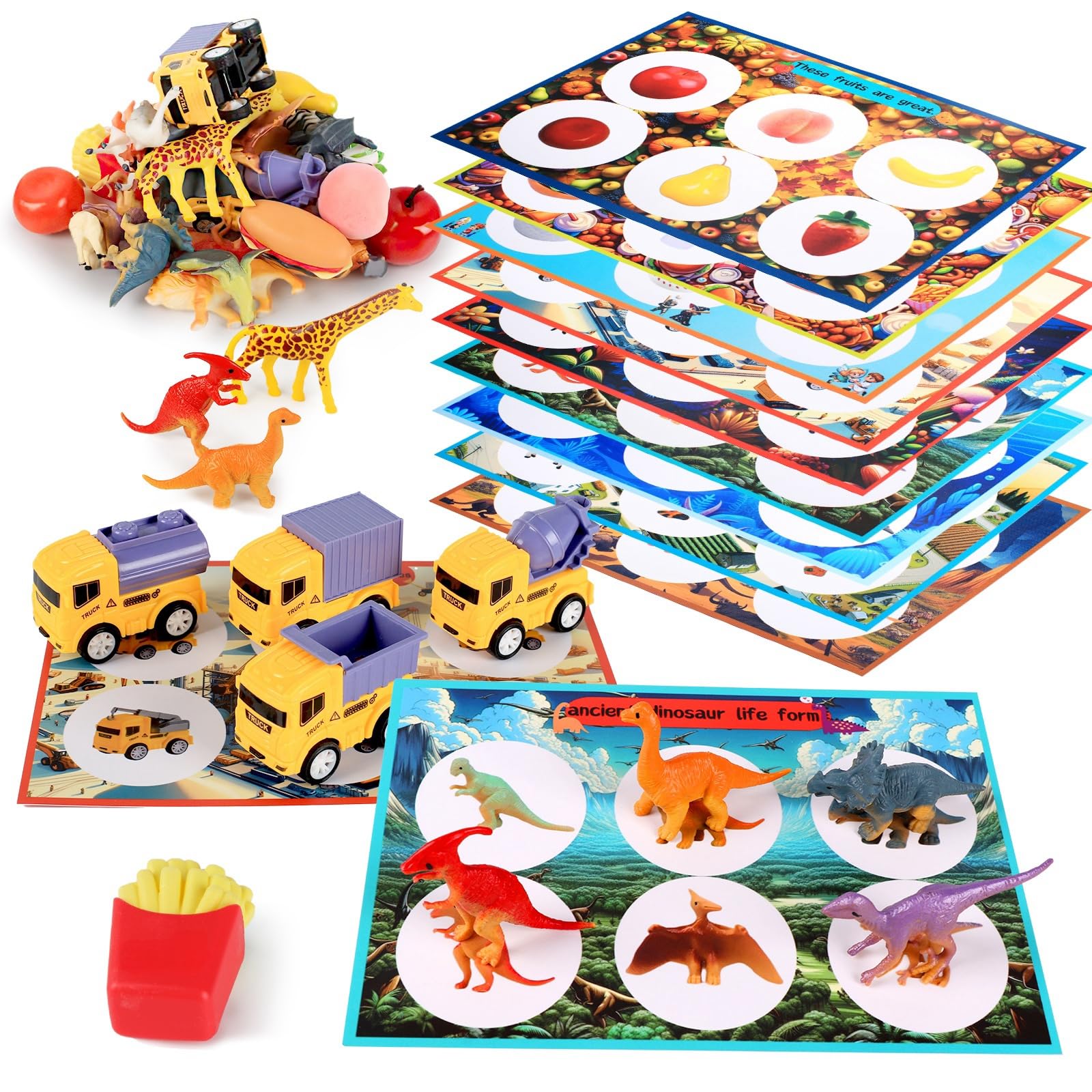 Toddler Sorting Playsets, Montessori Fruits Dinosaurs Animals Insects Balls Food Fish Poultry Sorting Matching Toys for 3 Years, Boys and Girls