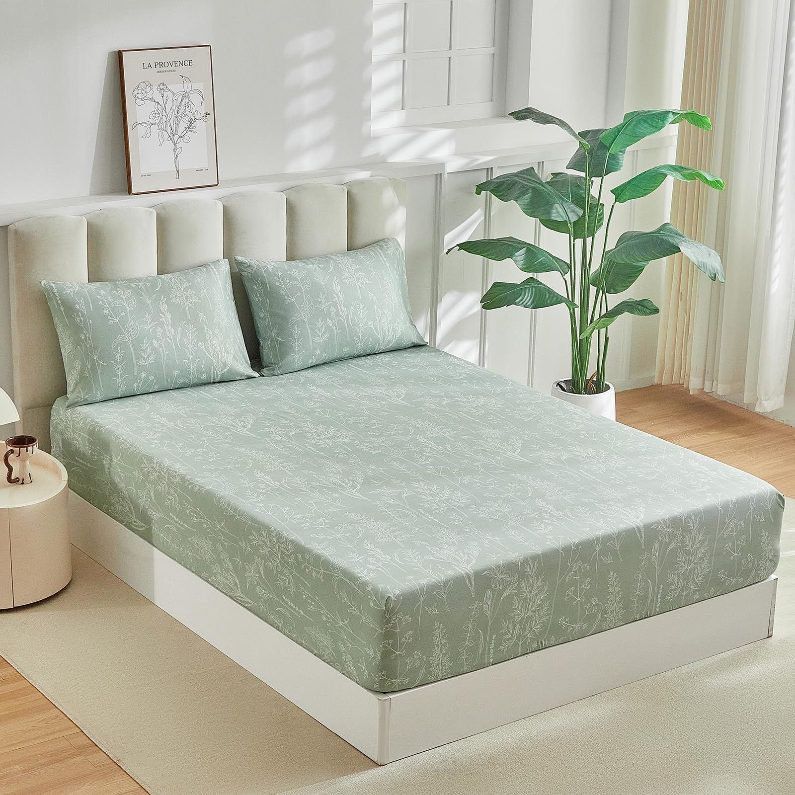 Tokokimo King Size Fitted Sheets with 2 Envelope Pillowcases - Soft Microfibre Little Flowers Print Sage Green Fitted Bed Sheets King Size 35cm Deep Fit, 150x200 cm (Fits Mattress Up to 35cm Deep) โ image 1