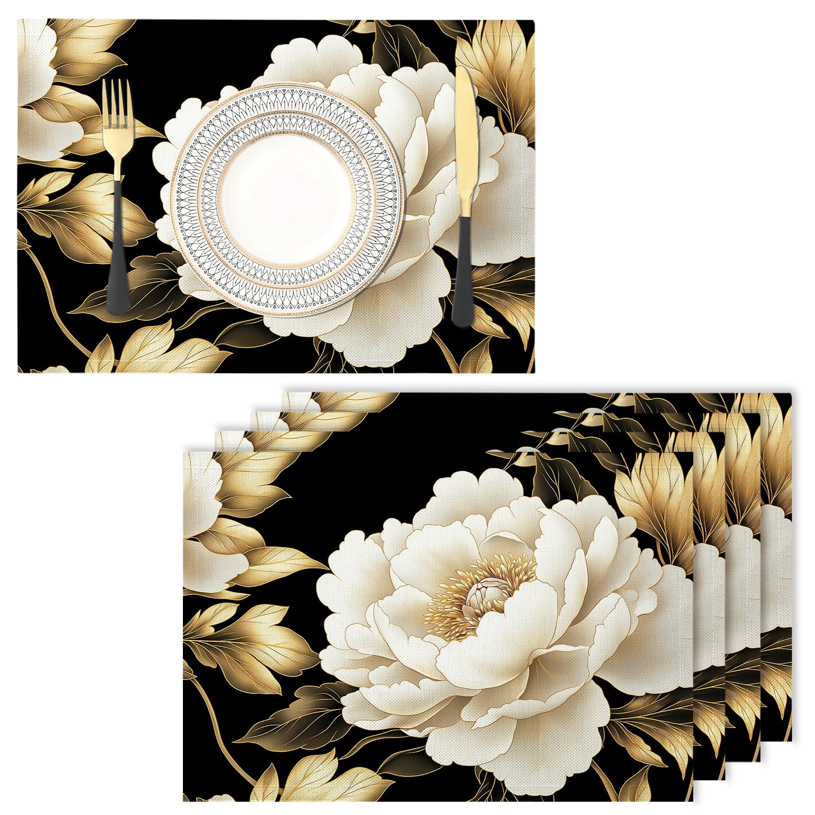 Sets de table pour cuisine et mariage au motif pivoine feuille d'or