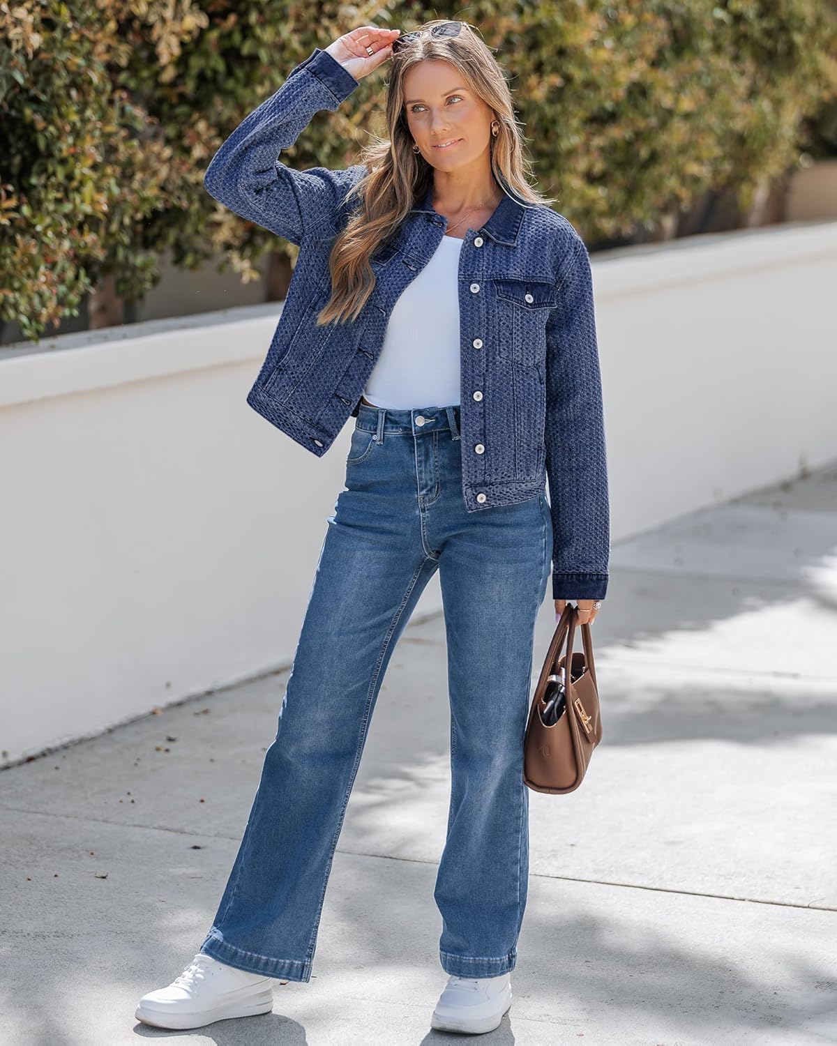 luvamia Jean Jacket Women Trendy Texture Distressed Button Down Long Sleeves Casual Trucker Denim Jackets with Pockets - Image 5