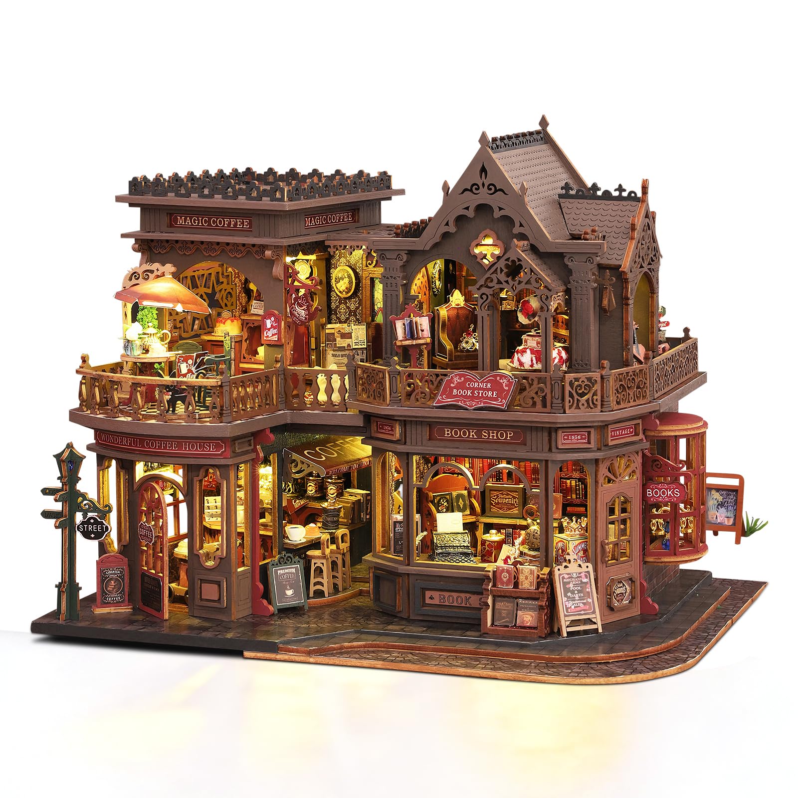 Cuteefun DIY Miniature Dollhouse Kit, Wooden Dollhouse Kit with LED Light, Handmade Crafts for Adults Teen to Build, Make Your Own Dream House Model (Magic Bookstore)