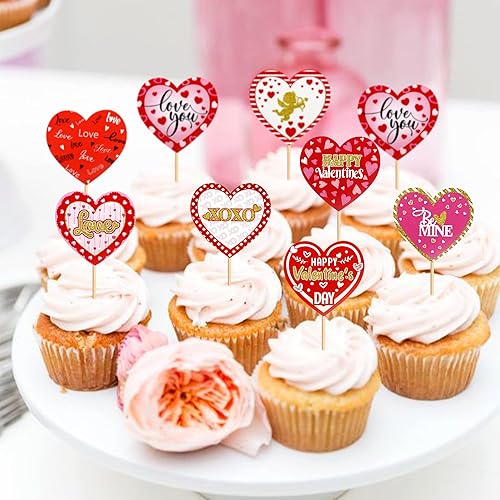 Miniatura 5 de Ercadio Paquete de 24 adornos para magdalenas de corazón para el día de San Valentín, diseño de corazón con texto en inglés Love You Be Mine para