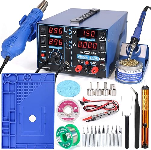 YIHUA Paquete de estación de fuente de alimentación y retrabajo de soldadura profesional 853D 3A USB con alfombrilla de reparación electrónica M180