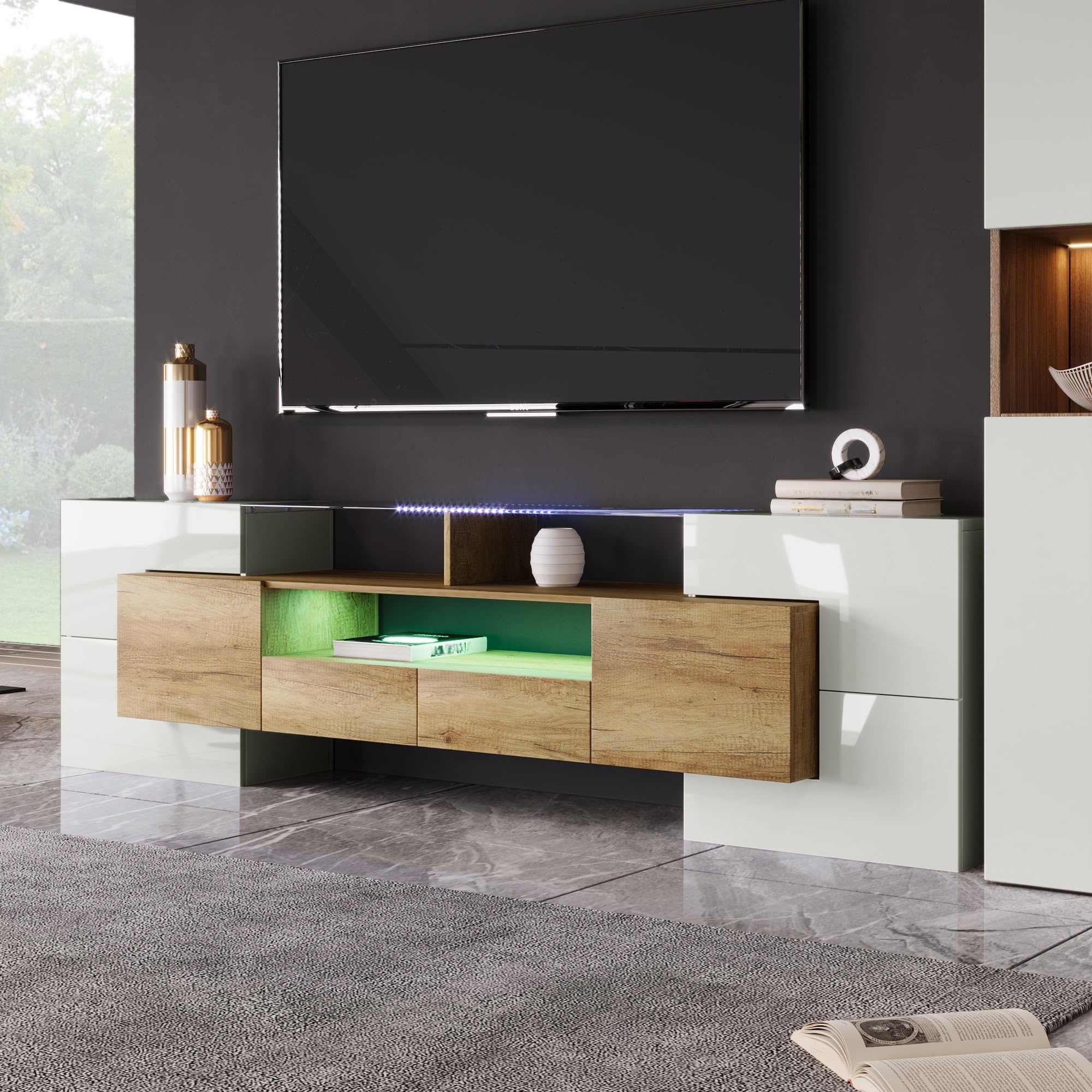 Mueble TV de Alto Brillo de Hasta 80 Pulgadas, Muebles de Salon Muebles TV con Iluminación LED y Estante de Vidrio, Mueble para TV Moderno con 6 Puertas y 2 Cajones, 200x35x60 cm, Natural+Blanco