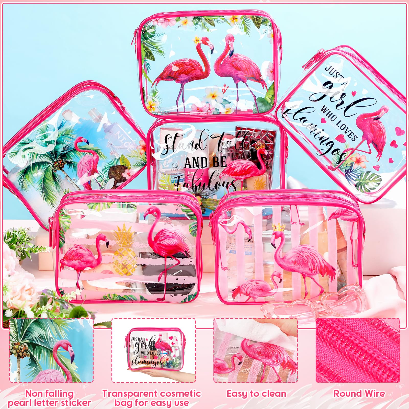 Transparente Make-up-Taschen mit Flamingo-Muster für Damen, adrette Kosmetiktaschen mit Reißverschluss, rosa Lächeln, Blitz, Sommer, transparent, PVC, wasserdicht, Reise-Kulturbeutel für
