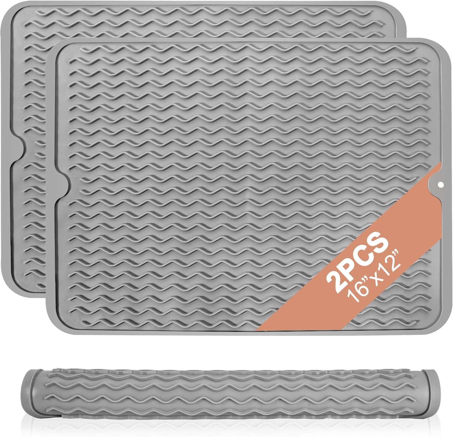 16"x12" Food-Grade Silicone Dish Drying Mat for Kitchen Counter, 450		F Heat-Resistant, Non-Slip, Scratch-Resistant Drying Mat, Multi-Purpose for Dishes, Plants, Coffee Machine -2Packs -Grey Thumbnail