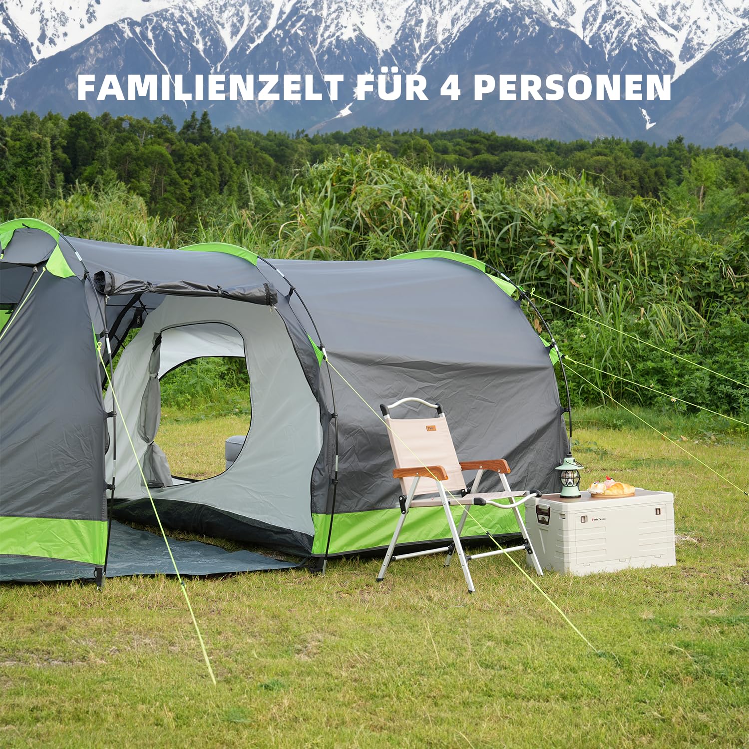 Tunnelzelt für 4 Personen, Tipi-Zelt Groß Campingzelt mit Schlafkabine, 3000 mm wasserdichtes Familienzelt, Hauszelt mit 3 Eingängen, Glamping-Zelt mit abnehmbarem Zeltboden