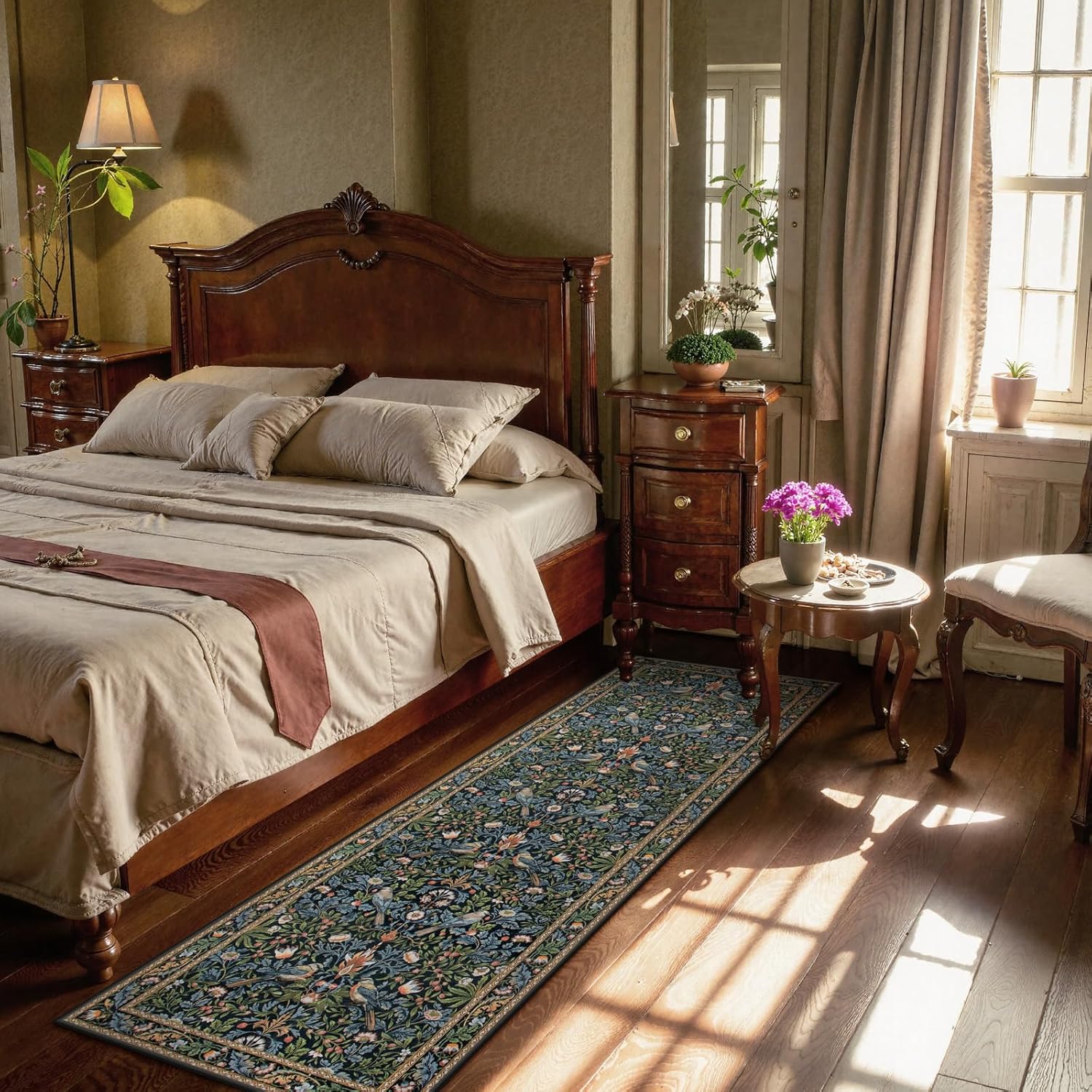 Morebes Washable Floral Hallway Runner Rug 2x6 Non Slip, Boho Floral Birds Kitchen Runner 6ft, Ultra-Thin Super Soft Botanical Indoor Floor Carpet for Bathroom Entryway Laundry Room, Navy Blue - Image 3