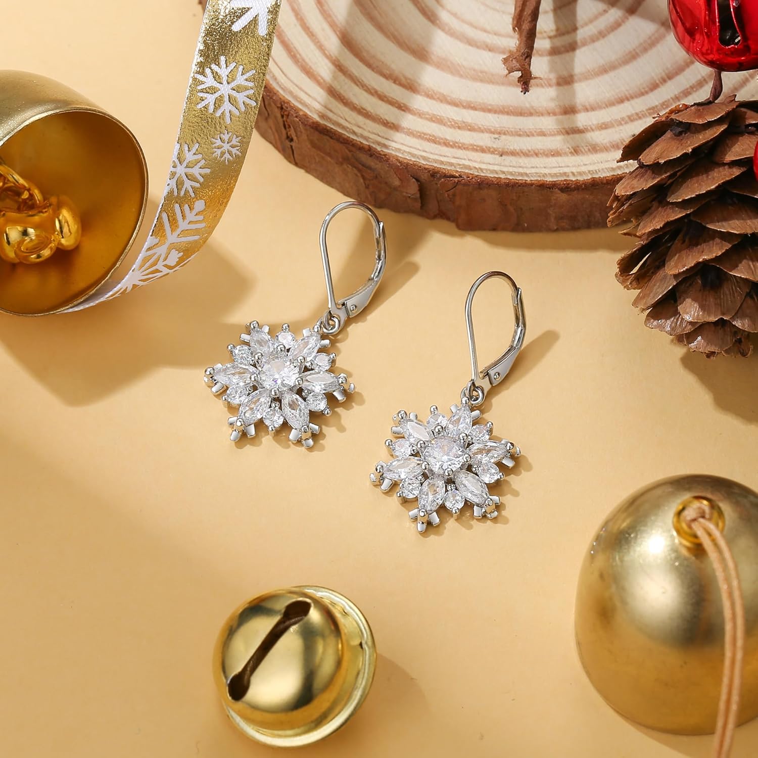 EVER FAITH Dainty White Cubic Zirconia Hoop Dangle Snowflake Earrings 925 Sterling Silver Leverback French Hook Winter Party Christmas Jewelry Gifts for Women - Image 5