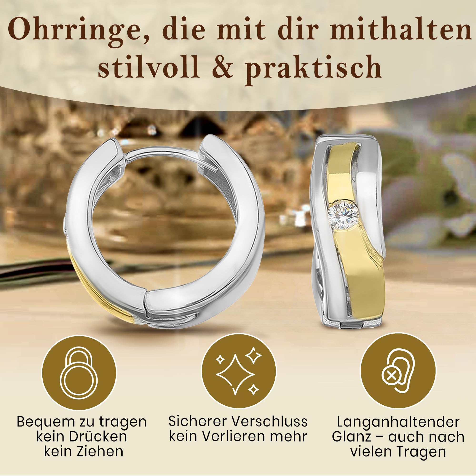 Cassini Silber-Gold Bicolor Klappcreolen Damen – Kleine runde Creolen Nickelfrei mit Zirkonia aus 925 Sterling Silber ca 15mm⌀, poliert & rhodiniert, mit Scharnier – Eleganter Damenschmuck 3CAK